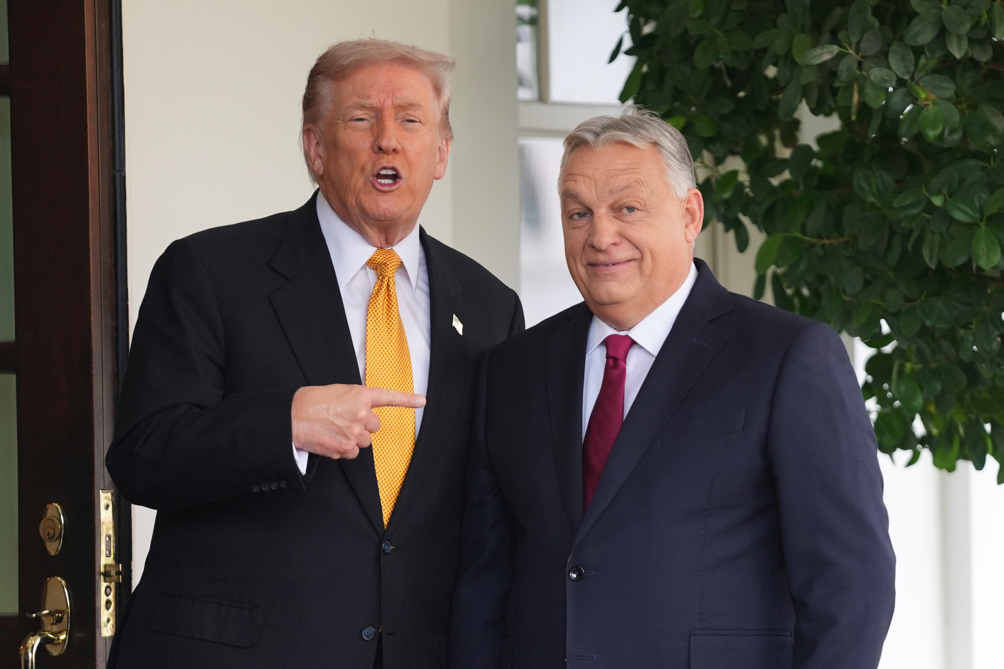 President Donald Trump, left, greets Hungary's Prime Minister Viktor Orban at the White House, Friday, Nov. 7, 2025, in Washington. (AP Photo/Evan Vucci)