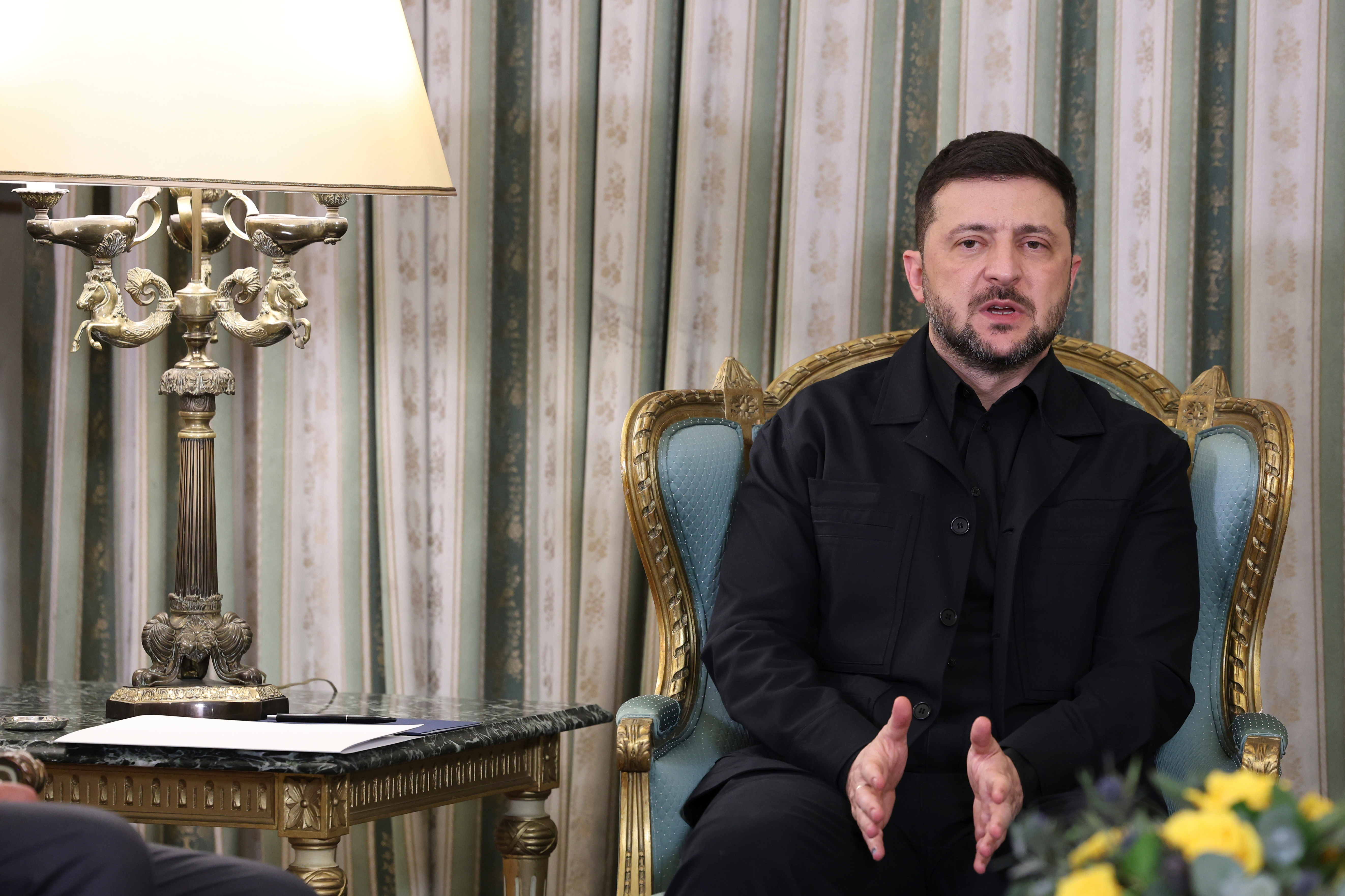 Ukrainian President Volodymyr Zelenskyy attends a meeting with his Greek counterpart Constantine Tassoulas at the Presidential Palace in Athens, Greece, Sunday, Nov. 16, 2025. (AP Photo/Yorgos Karahalis)