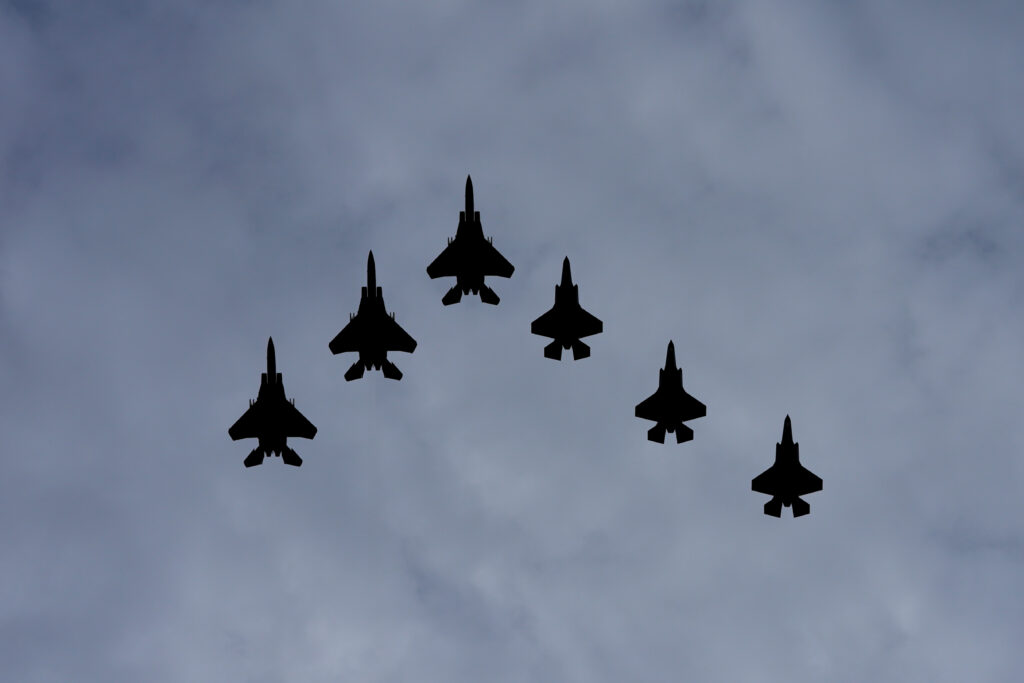 U.S. Air Force jets flyover downtown Washington as President Donald Trump host Saudi Arabia's Cronw Prince Mohammed bin Salman,Tuesday, Nov., 18, 2025. (AP Photo/Pablo Martinez Monsivais)