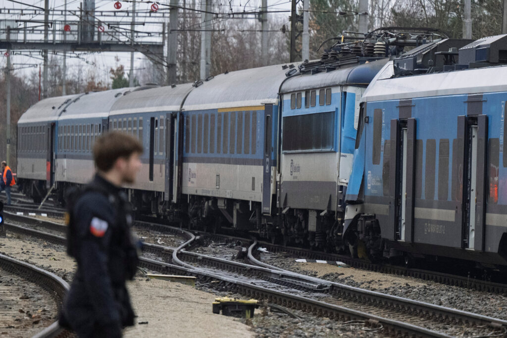The scene after an express train collided with a passenger train on the line between Zliv and Dívčice in the České Budějovice region in the southern Czech Republic on Thursday, Nov.20, 2025. (Vaclav Pancer/CTK via AP)