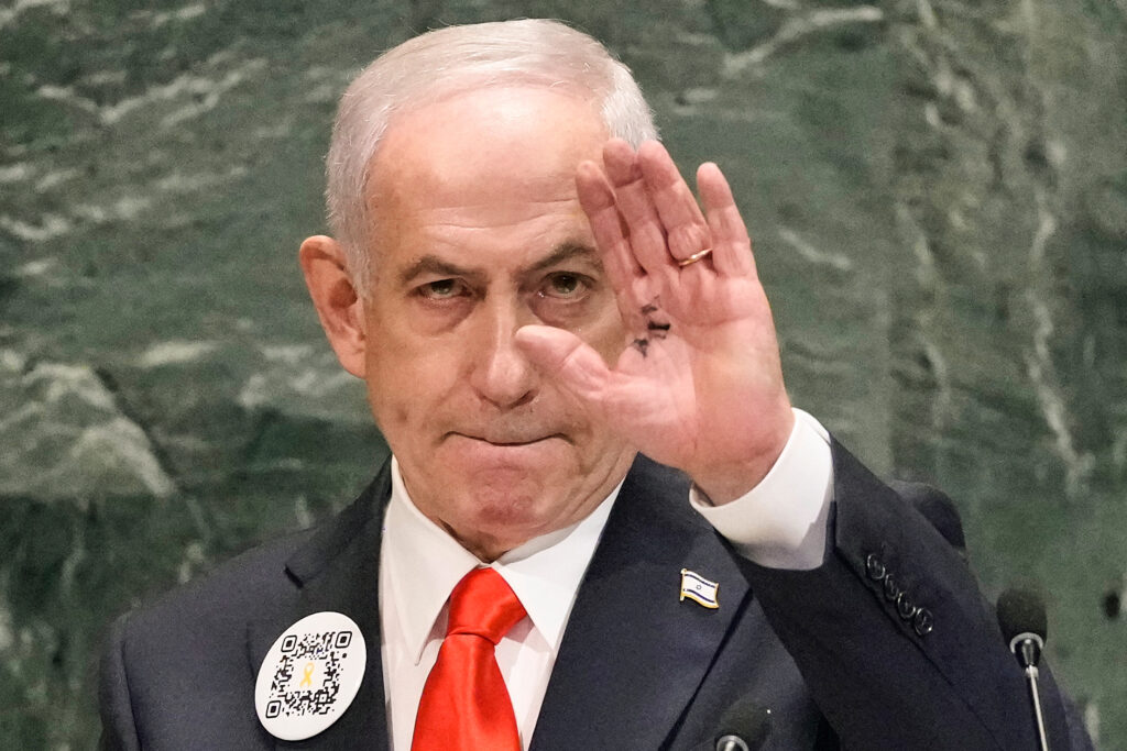 Israel Prime Minister Benjamin Netanyahu finishes his address to the 80th session of the United Nations General Assembly, Friday, Sept. 26, 2025. (AP Photo/Richard Drew)
