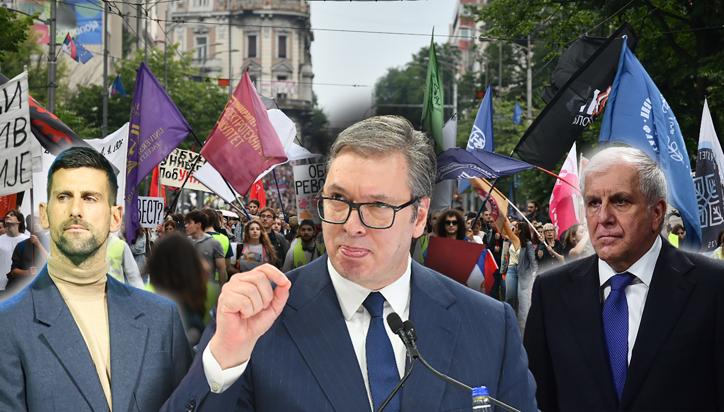 kombo Aleksandar Vučić, Željko Obradović i Novak Đoković + studenti.
Vučiću, uspeo si, pamtiće te istorija: Rasterao si najbolje iz Srbije i udaraš besramno na studente