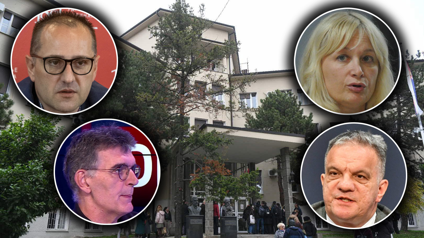 Medicinski fakultet, prof. Dušan Škiljević, prof. Miloš Bajčetić, a nasuprot njih prof. Nataša Milić i Dejan Vuk Stanković, kombo
Beograd 26.11.2025. Medicinski fakultet u Beogradu, zgrada Foto: Filip Krainčanić/Nova.rs