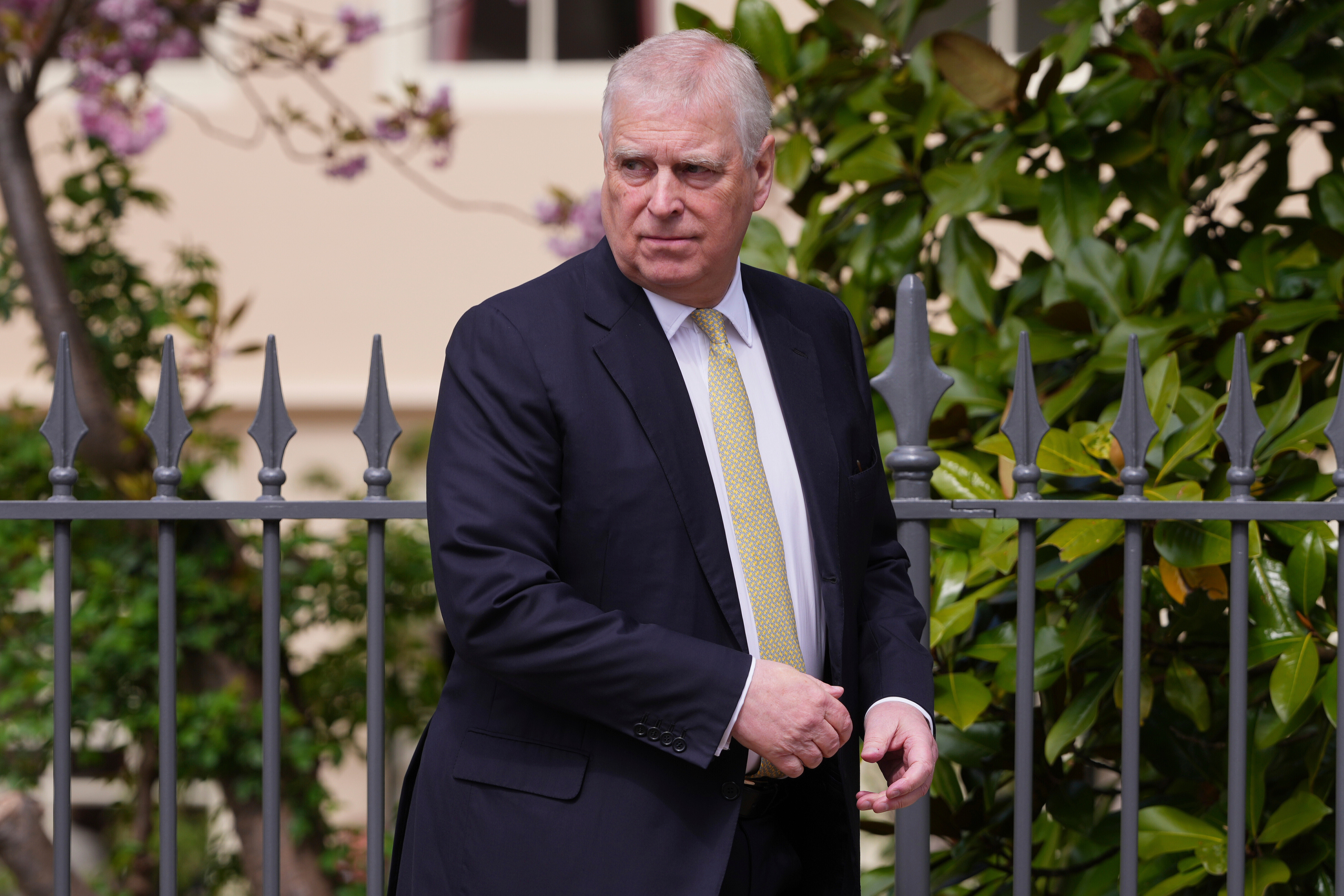 FILE - Britain's Andrew Mountbatten-Windsor, formerly known as Prince Andrew, looks round as he leaves after attending the Easter Matins Service at St. George's Chapel, Windsor Castle, England, April 20, 2025. (AP Photo/Kirsty Wigglesworth, File)