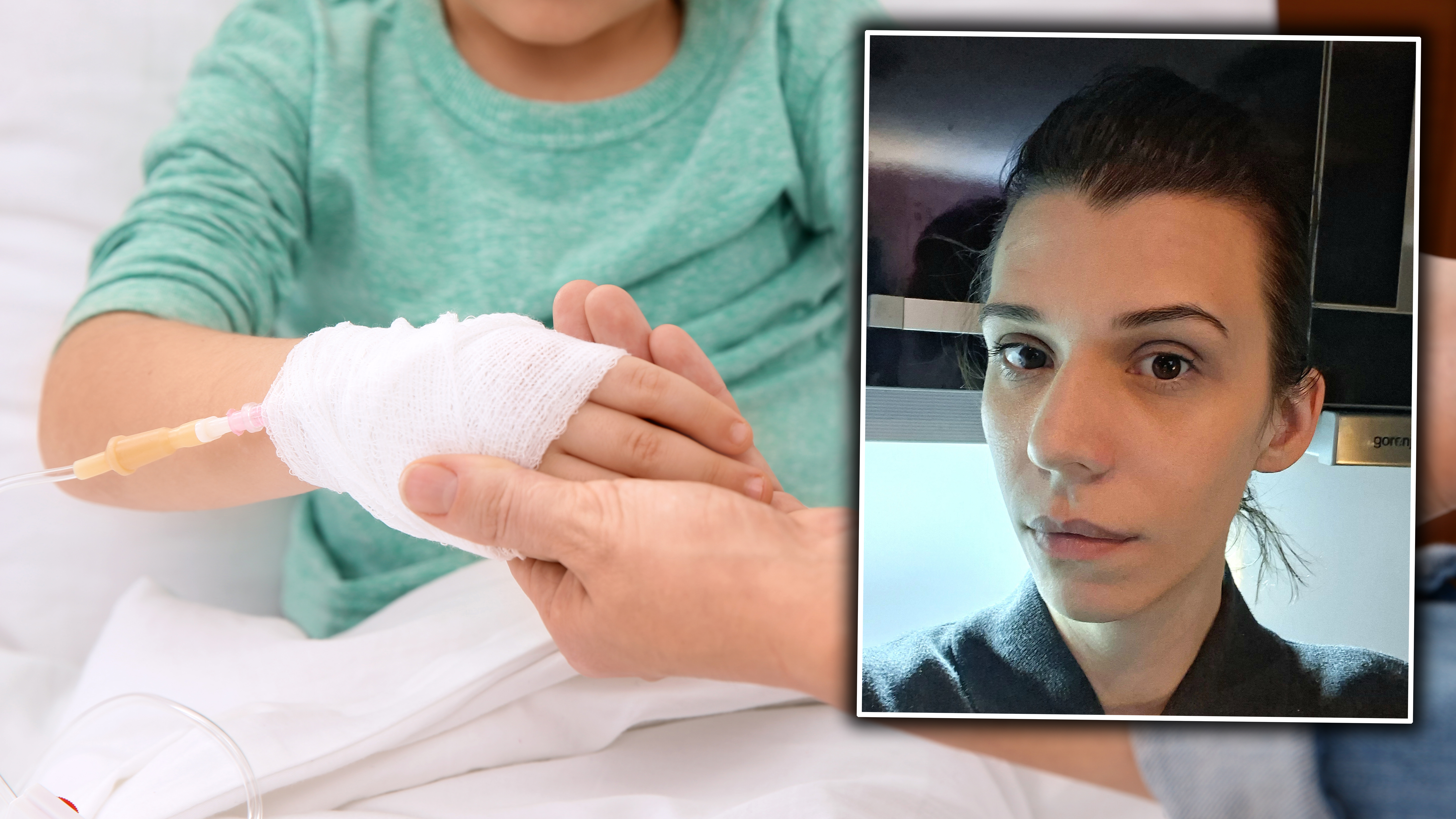 Woman visiting her little child with intravenous drip in hospital, closeup