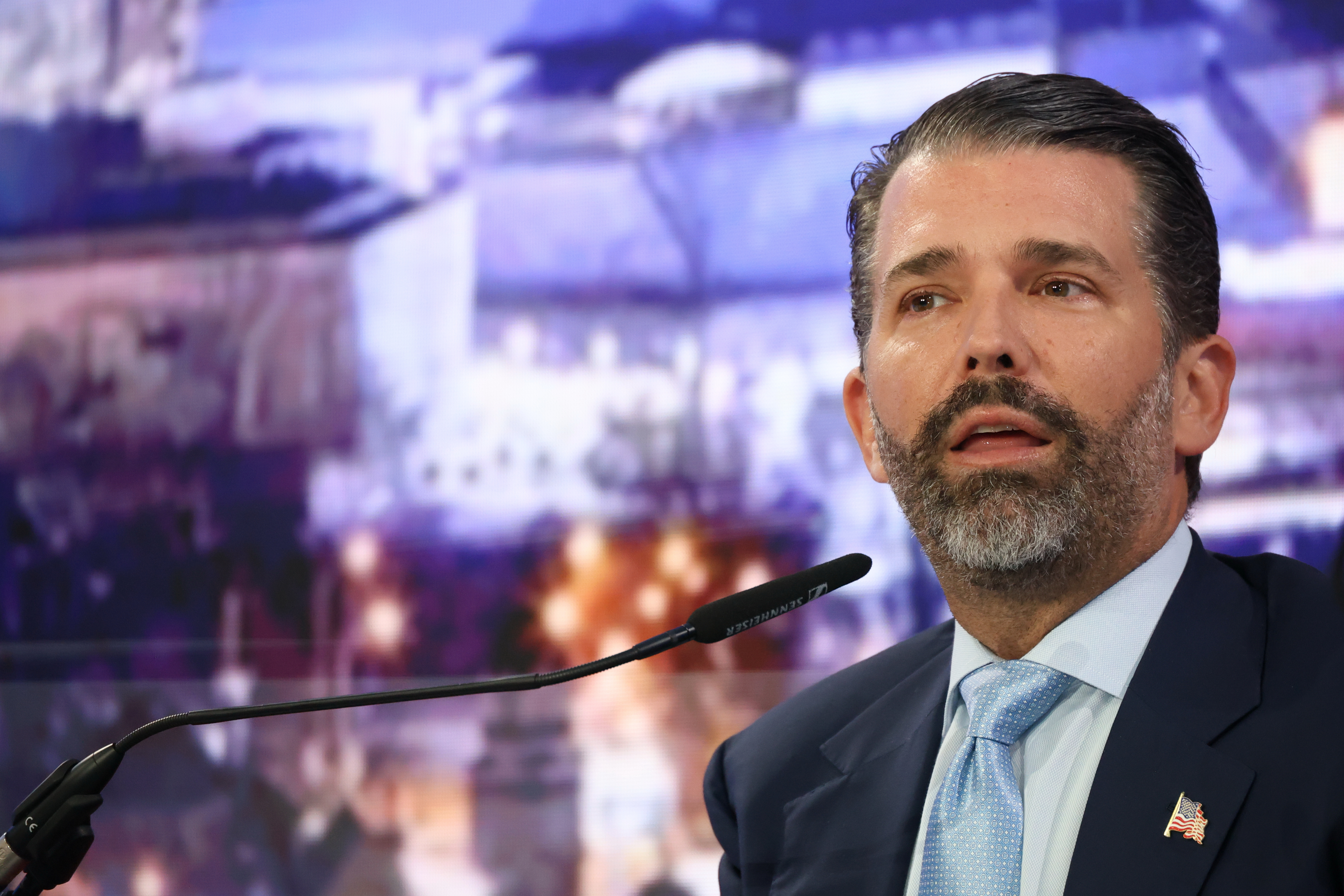 Donald Trump Jr. speaks during a business discussion, in the Palace of the Republic in Banja Luka, Bosnia, Tuesday, April 7, 2026. (AP Photo/Borislav Zdrinja)