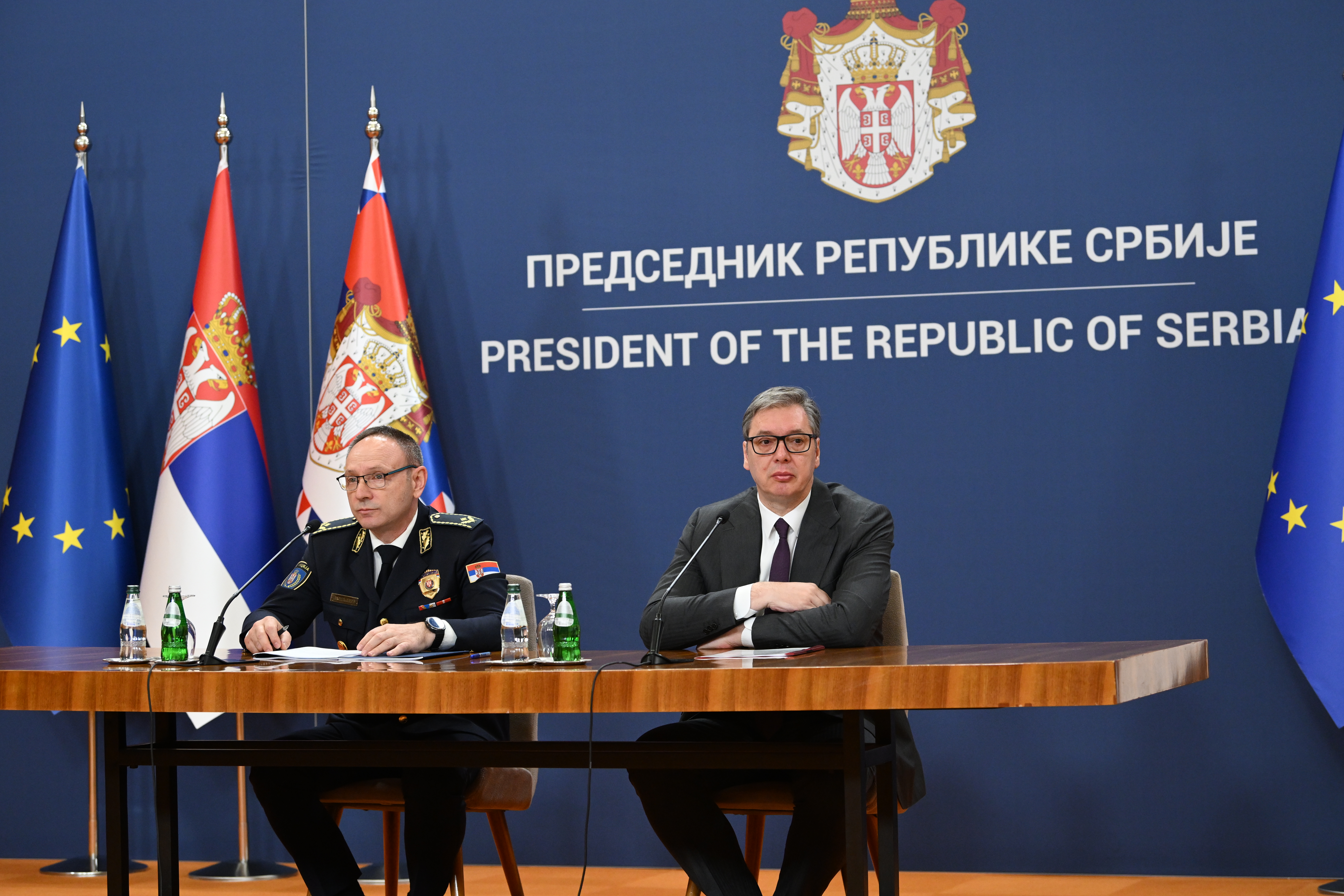 Beograd 16.05.2026. Dragan Vasiljević i Aleksandar Vučić. Obraćanje Aleksandra Vučića i Dragana Vasiljevića u Palati Srbija, konferencija za novinare, kzš, kzn Foto: Marko Ljutica