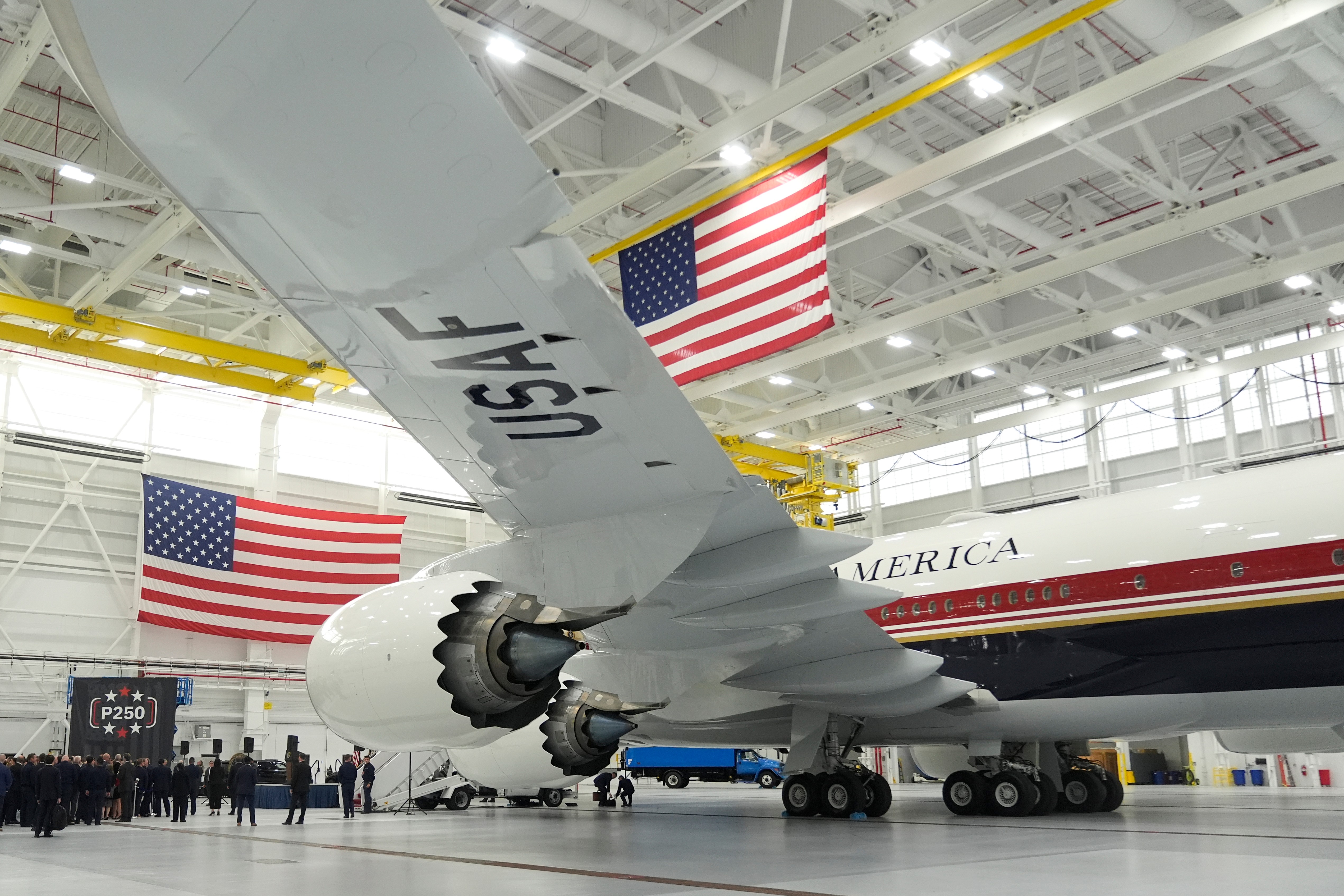 The newly designated Air Force One presidential aircraft sits in a hangar following a tour by President Donald Trump at Joint Base Andrews, Md., Friday, June 19, 2026. (AP Photo/Manuel Balce Ceneta)