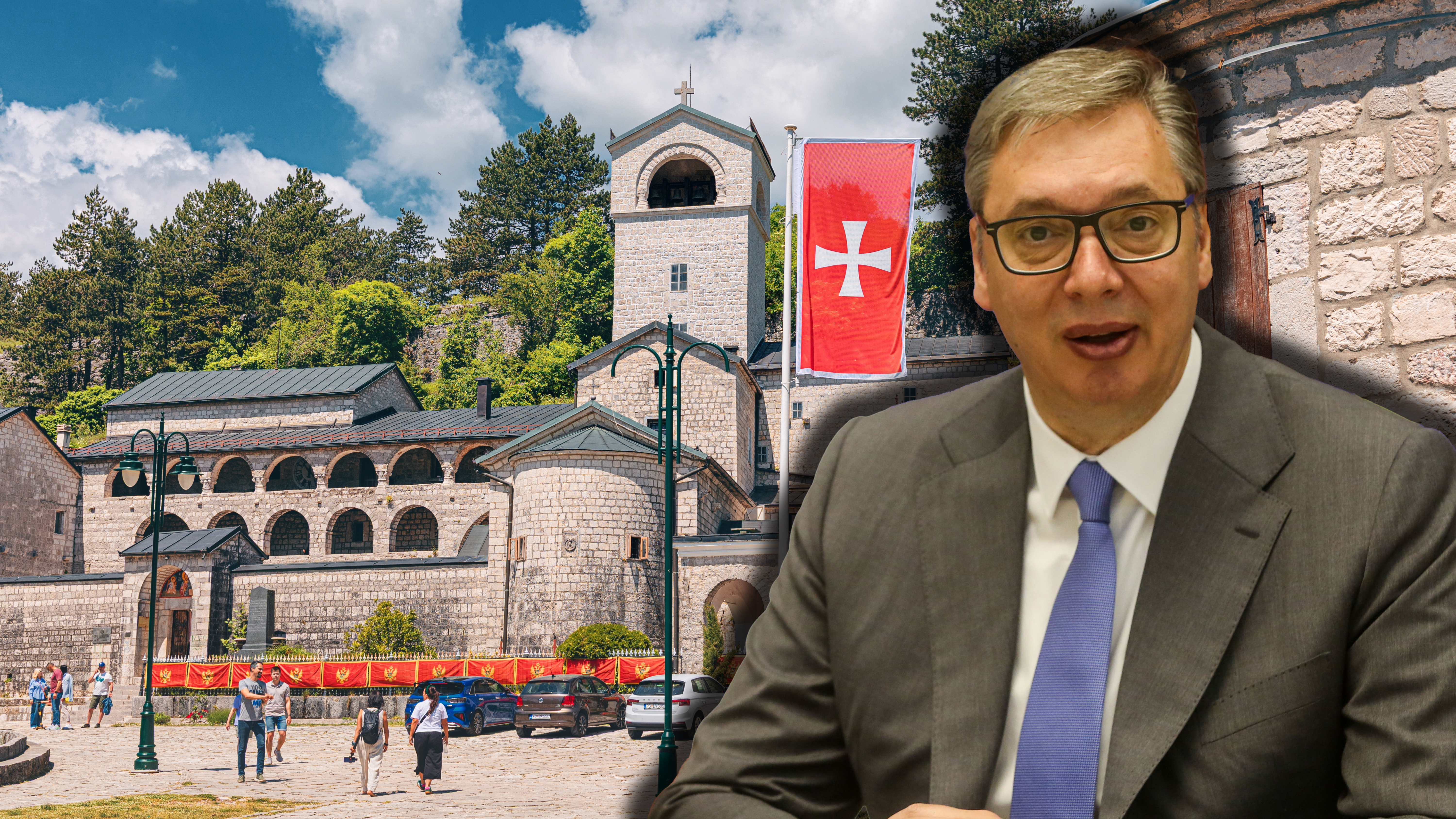 24 May 2026, Cetinje, Montenegro: Red religious flag flying near a historic stone tower with the Cetinje Monastery visible in background