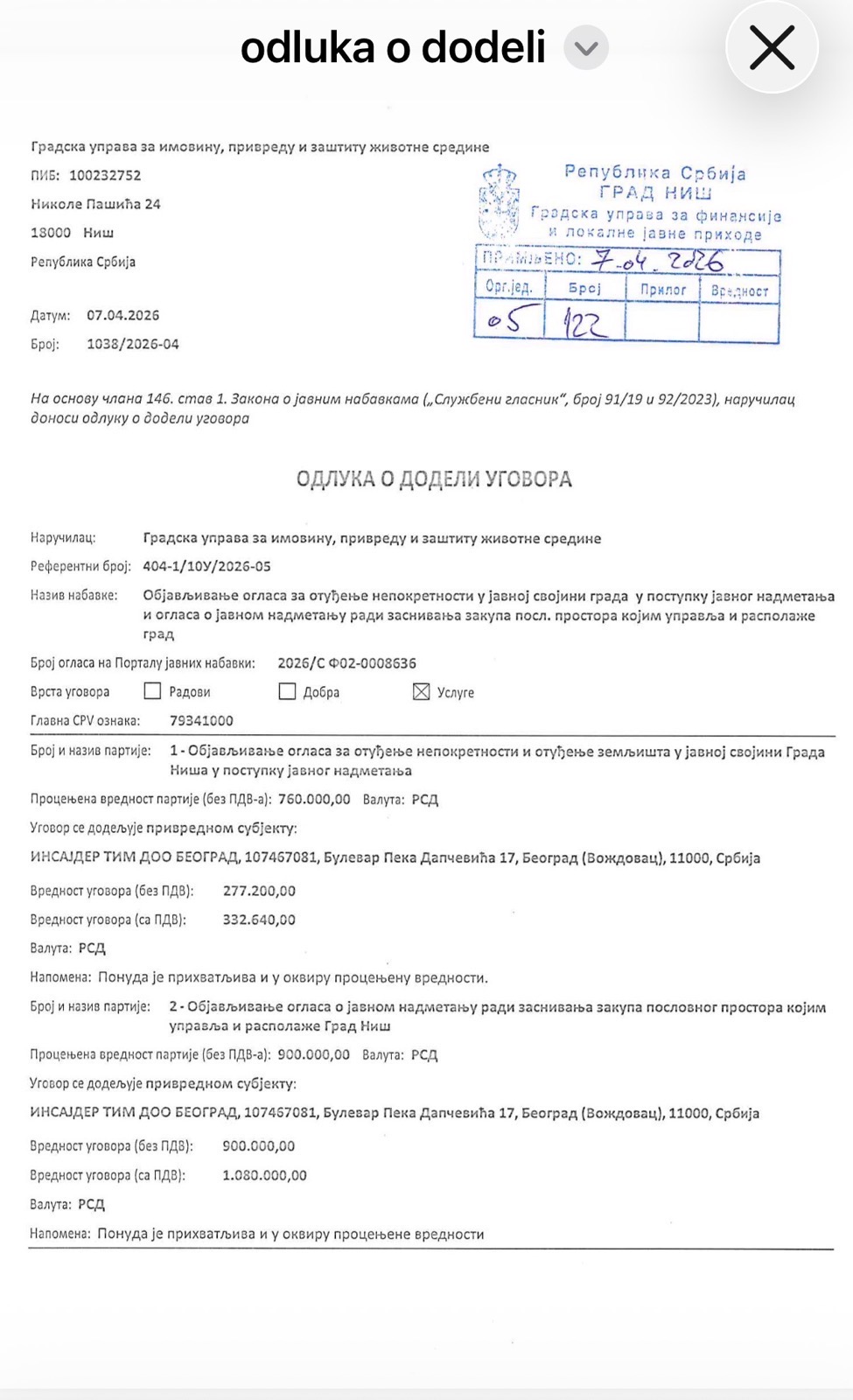 odluka o dodeli ugovora insajder tim doo foto Jelena Milošević SSP (1).jpeg