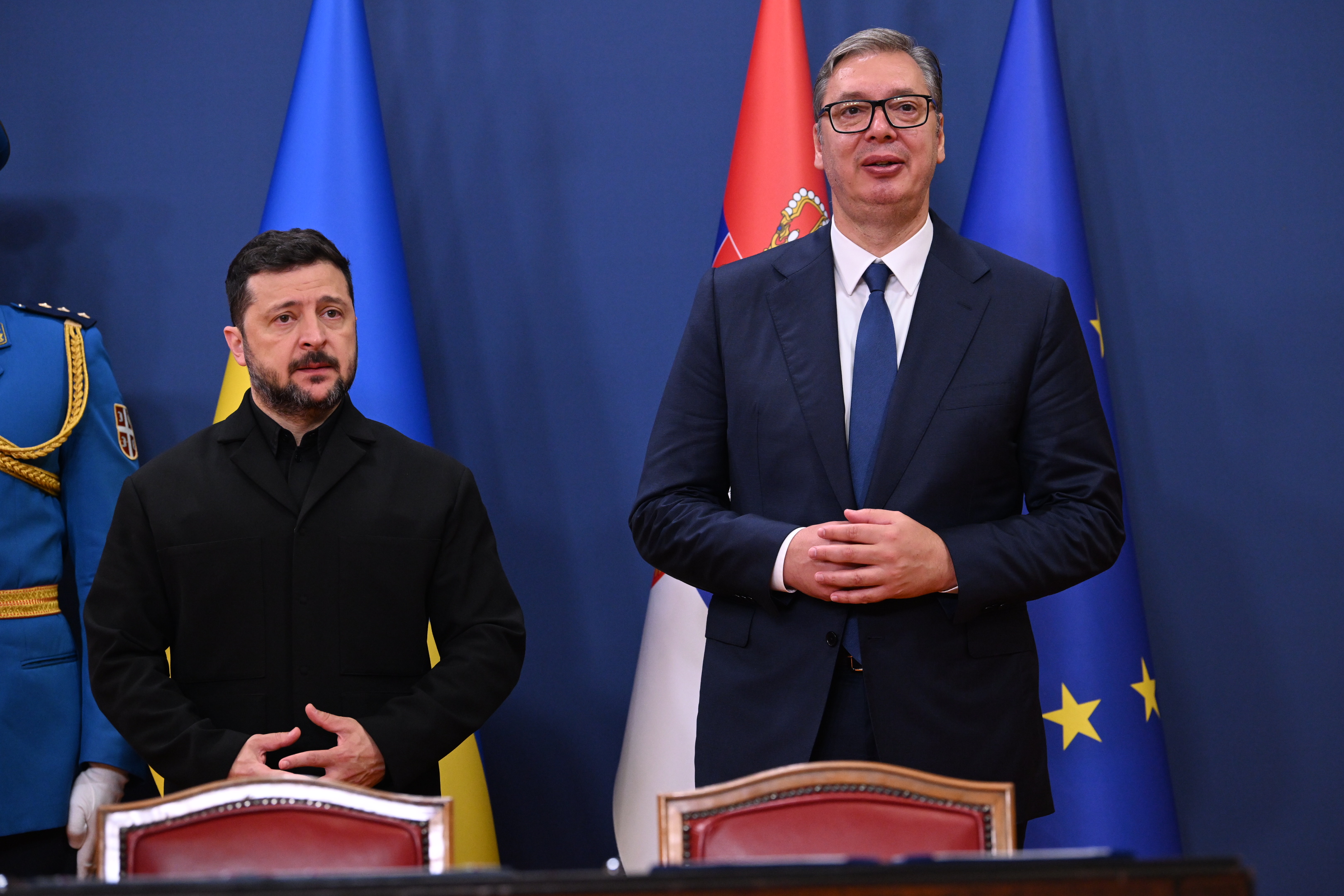 Beograd 08.08.2026. Volodomir Zelenski i Aleksandar Vučić. Obraćanje posle sastanka. Poseta Volodomira Zelenskog Beogradu. Foto: Marko Ljutica