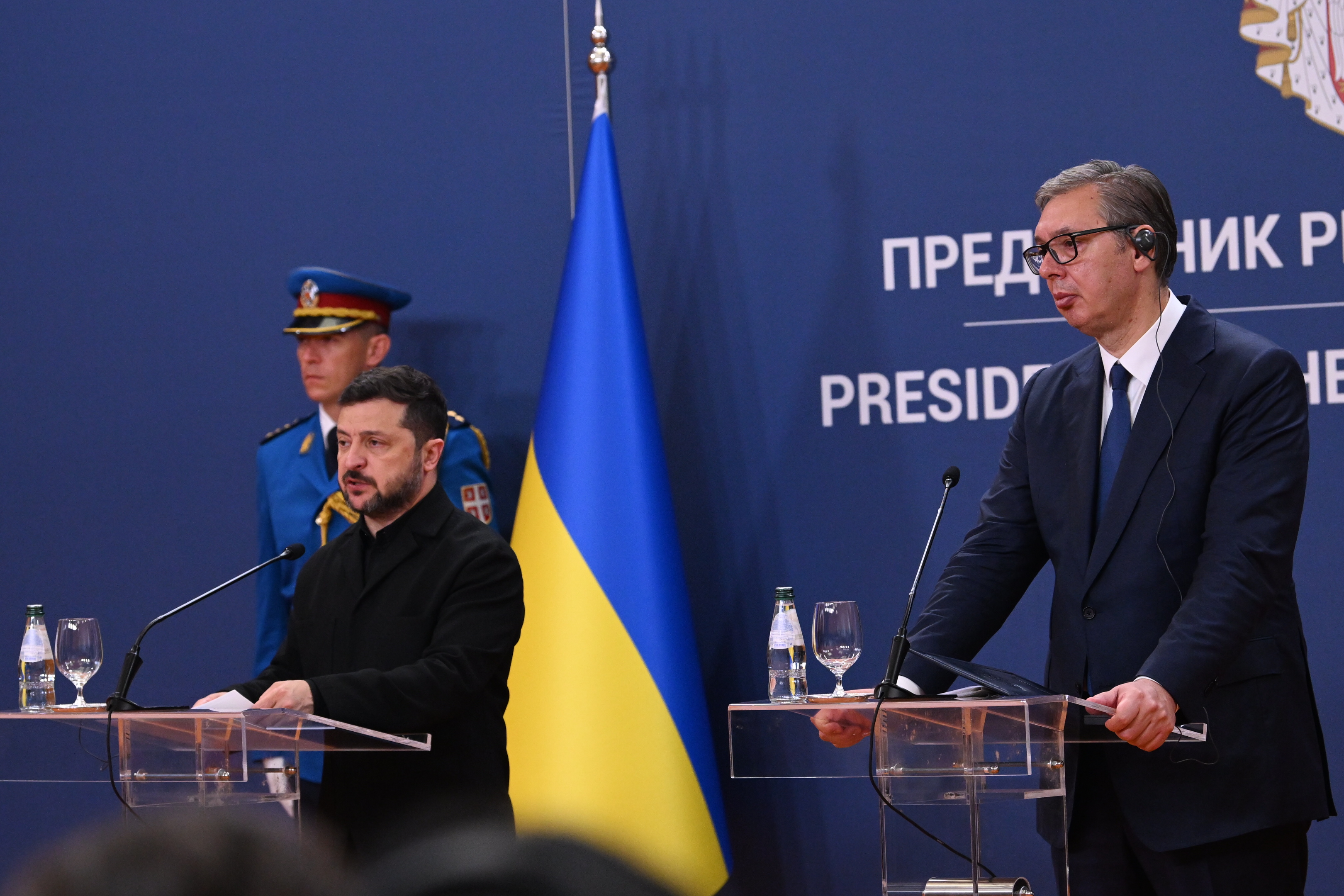 Beograd 08.08.2026. Volodomir Zelenski i Aleksandar Vučić. Obraćanje posle sastanka. Poseta Volodomira Zelenskog Beogradu. Foto: Marko Ljutica