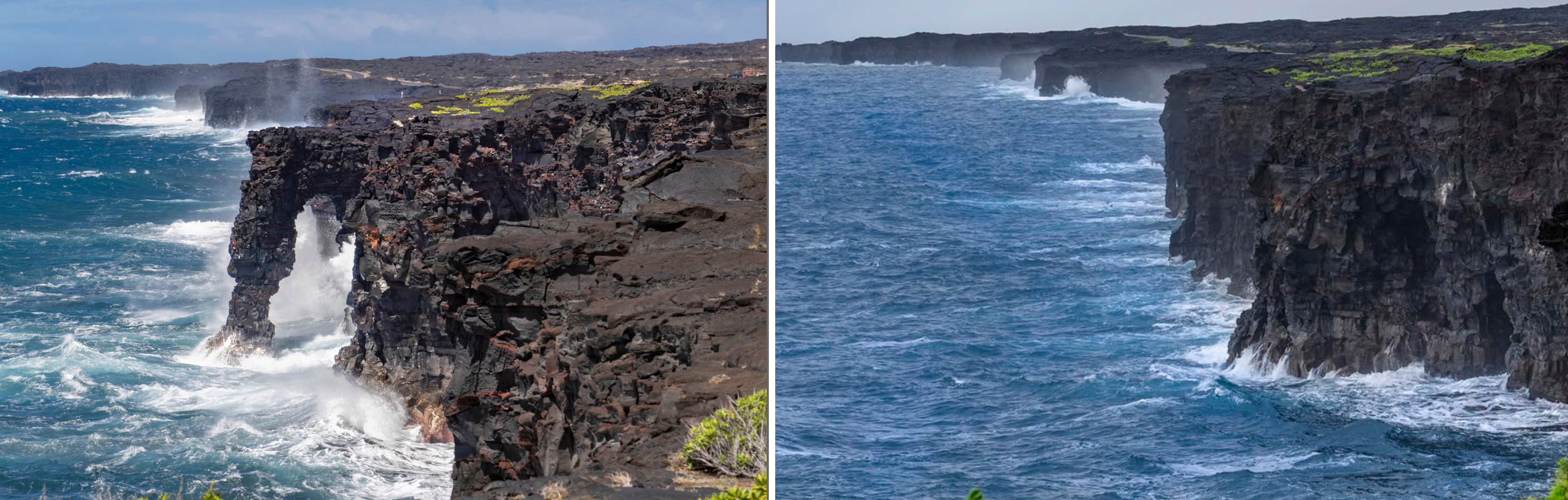 These photos provided by USGS shows from left, the Hōlei Sea Arch in Hawaii Volcanoes National Park in 2022 the Hōlei Sea Arch after collapsing into the Pacific Ocean on Sept. 27, 2026.   (USGS via AP)