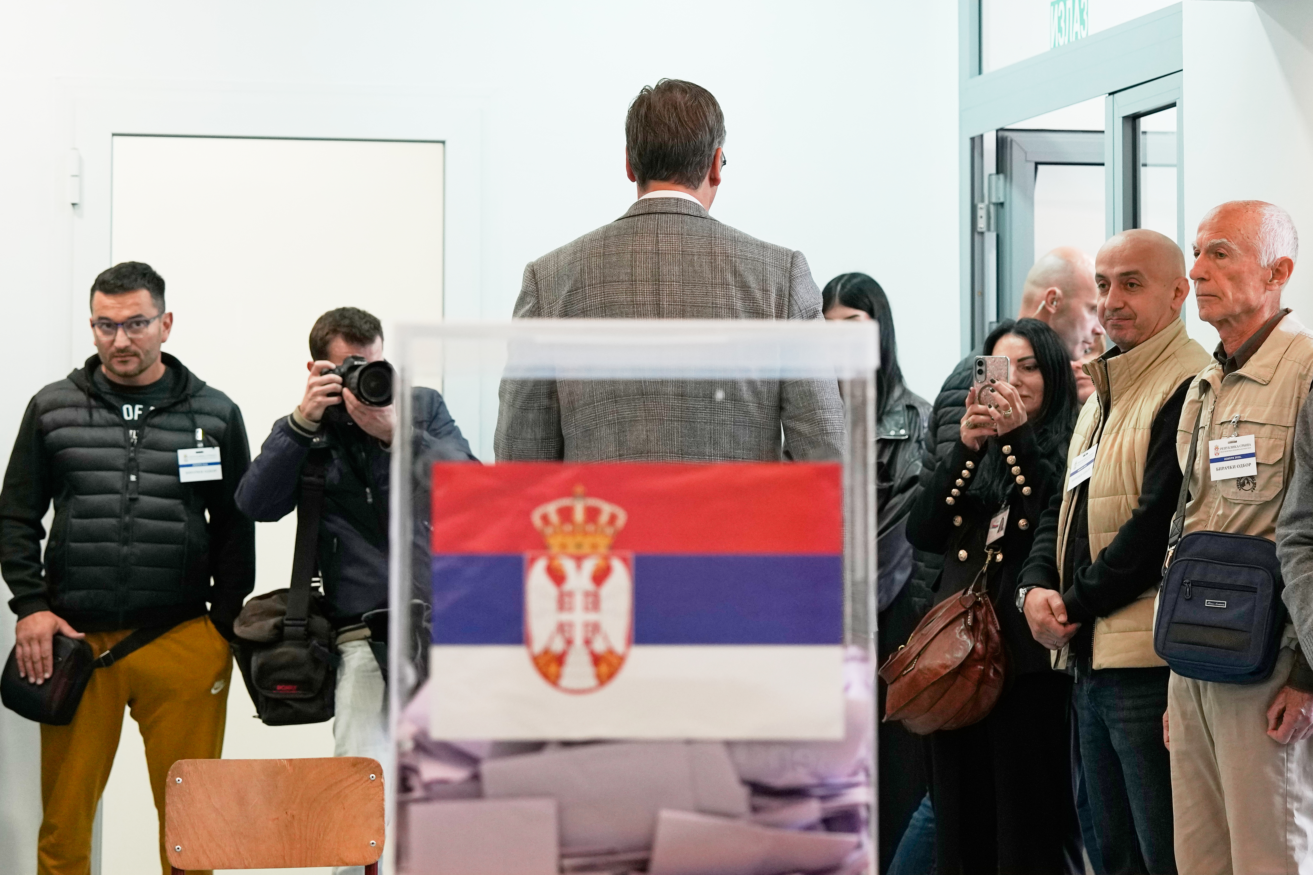 Aleksandar Vucic, leader of the right-wing Serbian Progressive Party (SNS) leaves after casting his vote in a parliamentary election in Belgrade, Serbia, Sunday, Oct. 25, 2026. (AP Photo/Darko Vojinovic)