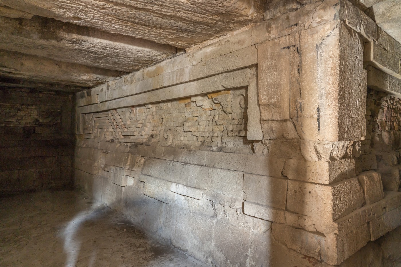 The interior of Tomb 1 in the ruins of Mitla, Mexico.