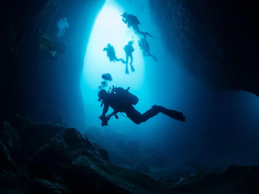 group of divers exploring inside an underwater cave, concept of scuba diving and underwater adventure,Image: 1018872883, License: Royalty-free, Restrictions: , Model Release: no, Credit line: Raul Mellado / Alamy / Profimedia