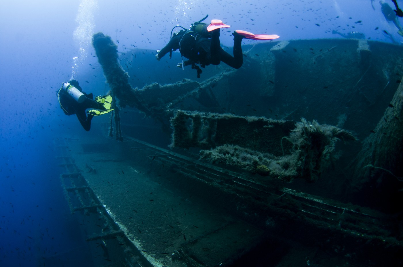 Underwater rear view of divers investigating MS Zenobia shipwreck, Larnaca, Cyprus
