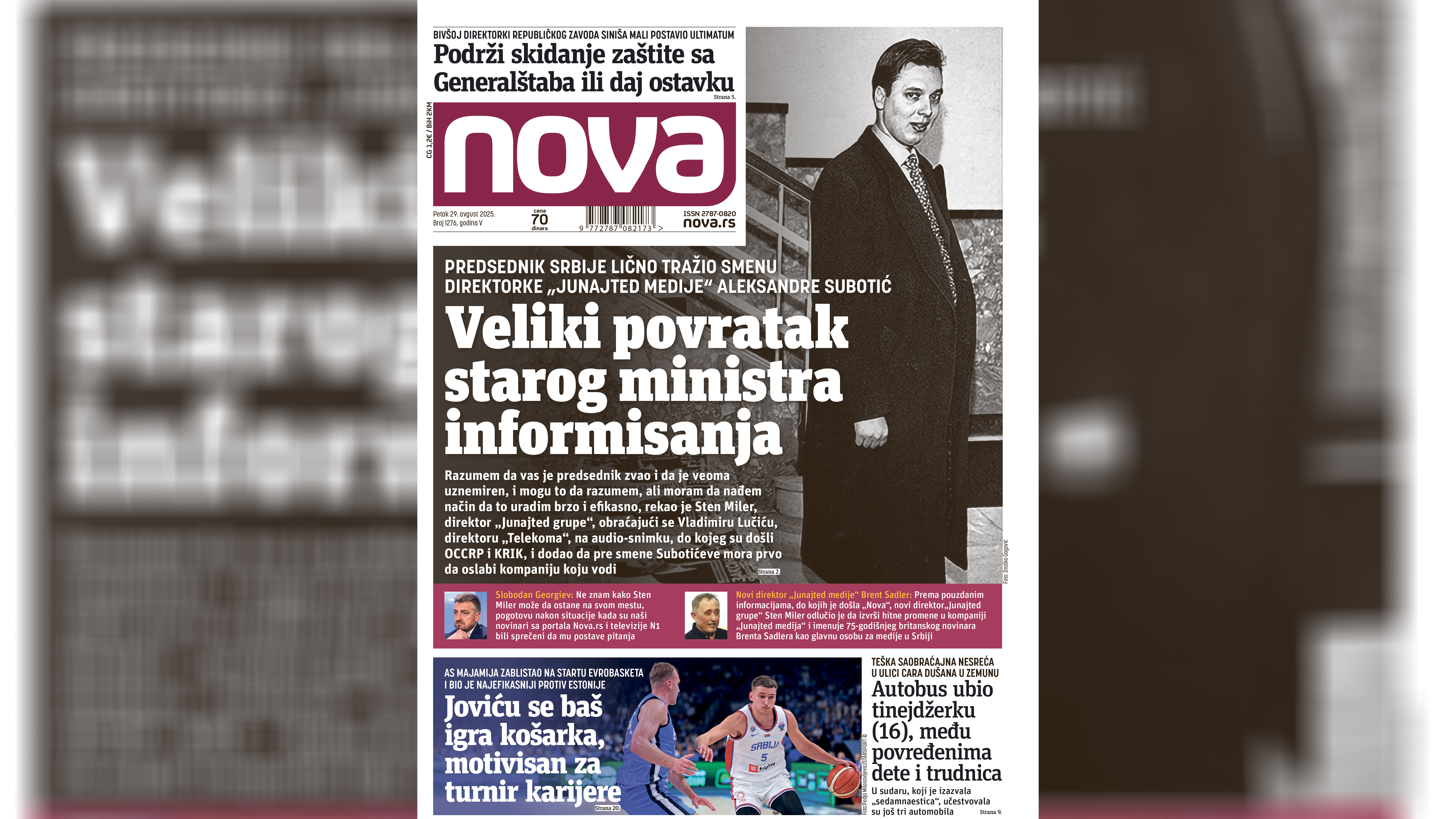 Nova, naslovna za petak 29. avgust 2025. broj 1276, dnevne novine Nova, dnevni list Nova, naslovna strana Foto: Nova.rs