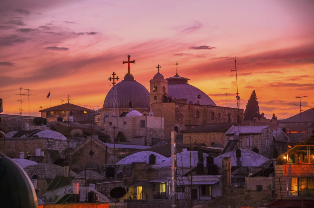 Jerusalem Old City and Holy Sepulchre at Night with blood red sky,Image: 881236312, License: Royalty-free, Restrictions: , Model Release: no, Credit line: Christian Offenberg / imageBROKER / Profimedia