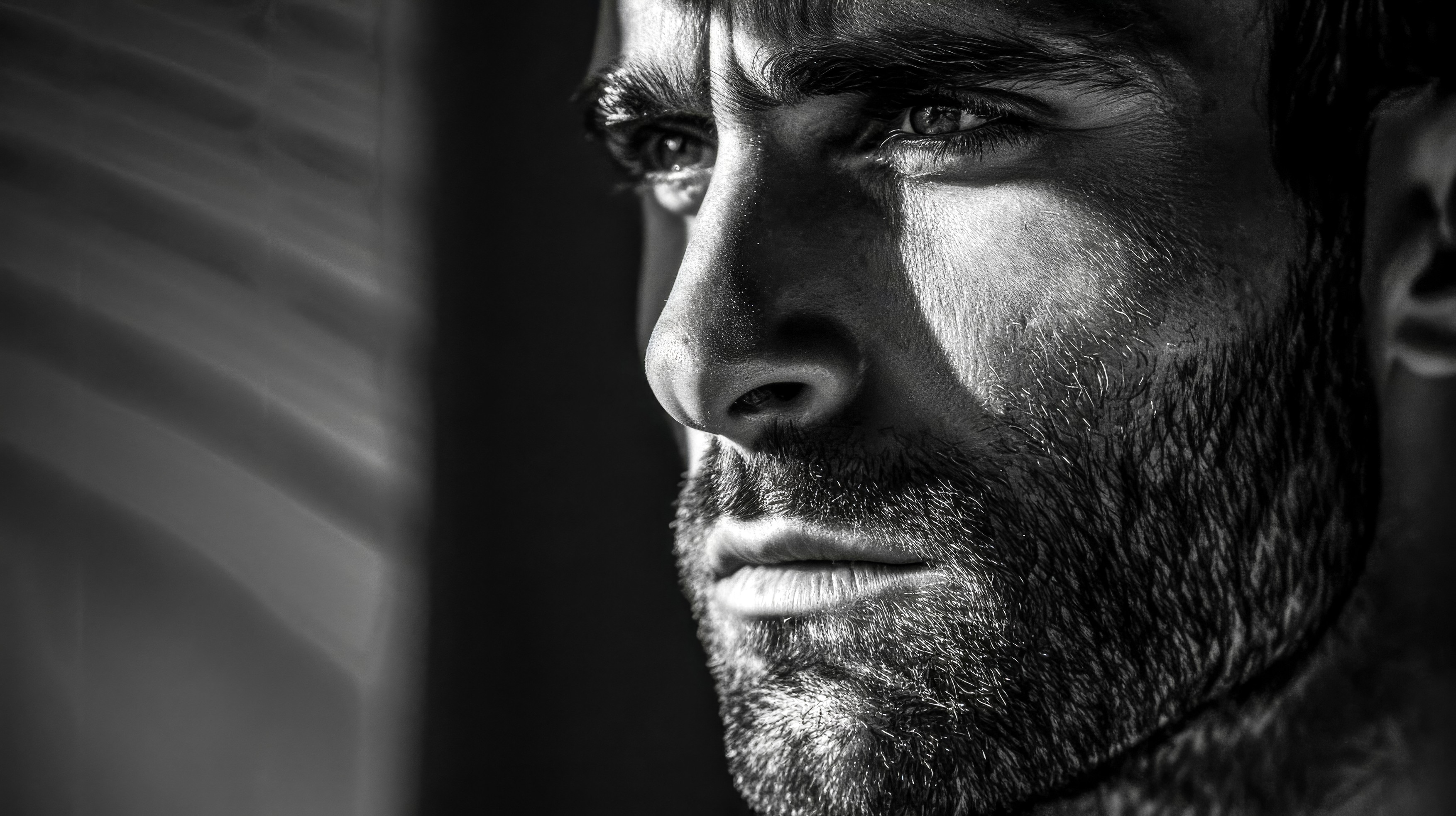 Man with beard is posing in black and white with dramatic lighting