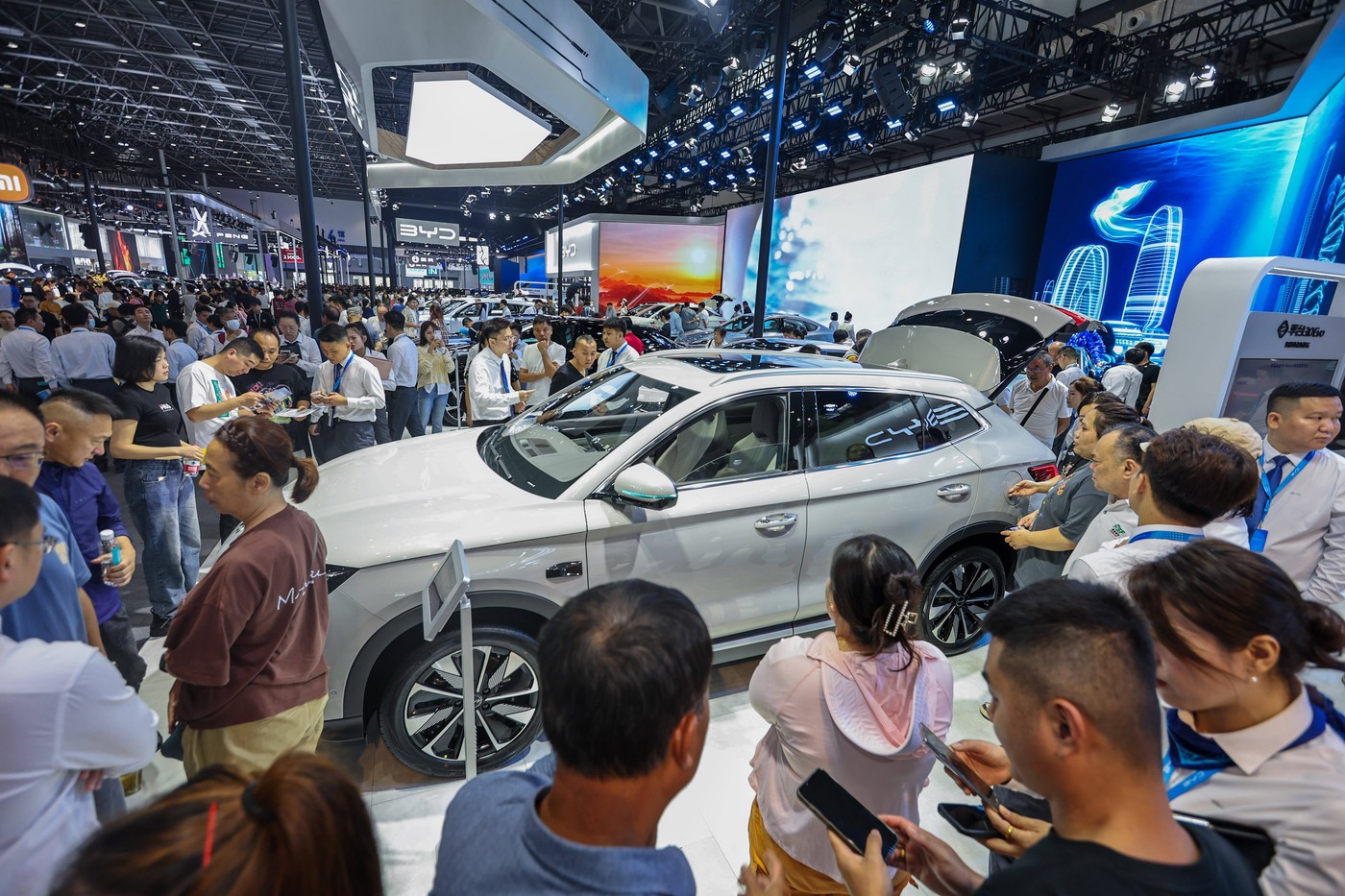 HAIKOU, CHINA - MARCH 14: People visit the BYD booth during the 2025 Hainan International Automobile Exhibition &amp; Haikou