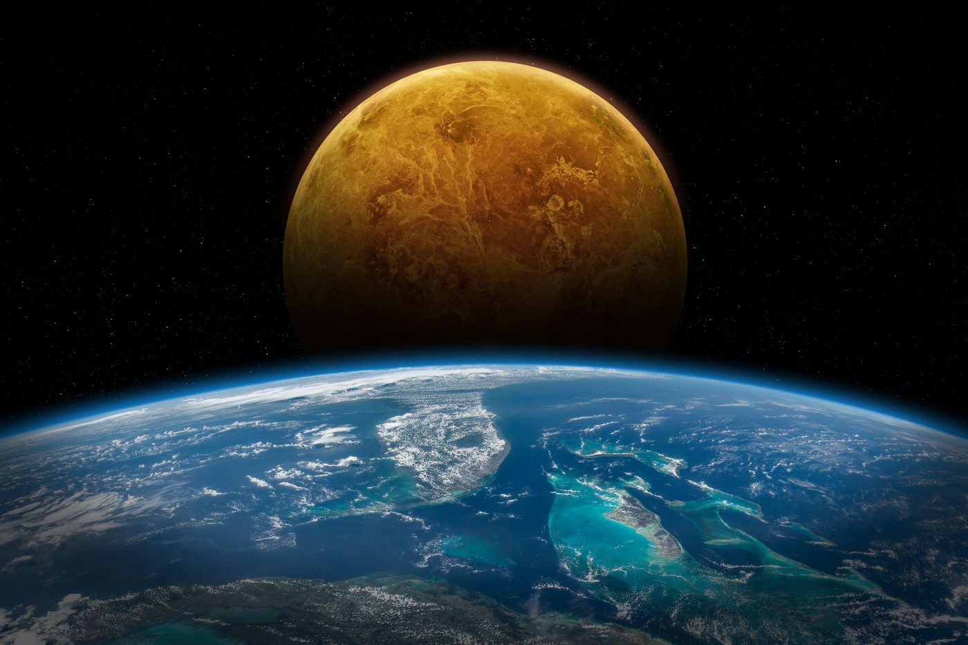 Earth and Venus in space. Solar system planets in deep space. View from space of Florida, the Bahamas, and Cuba. This image elements furnished by NASA.