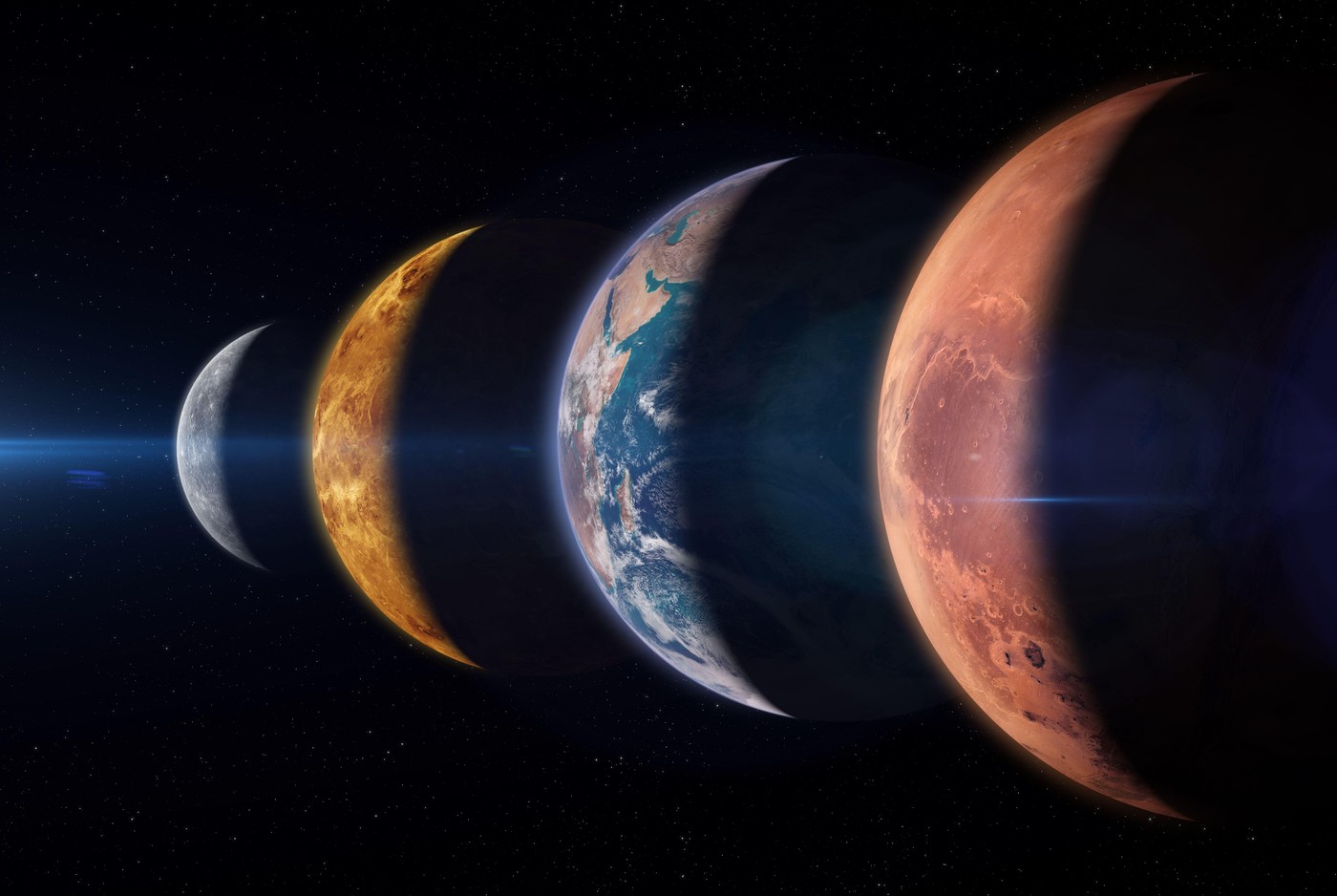 Planets Mercury, Venus, Earth and Mars. Terrestrial planets. Planetary alignment or planetary parade. Elements of this image furnished by NASA.