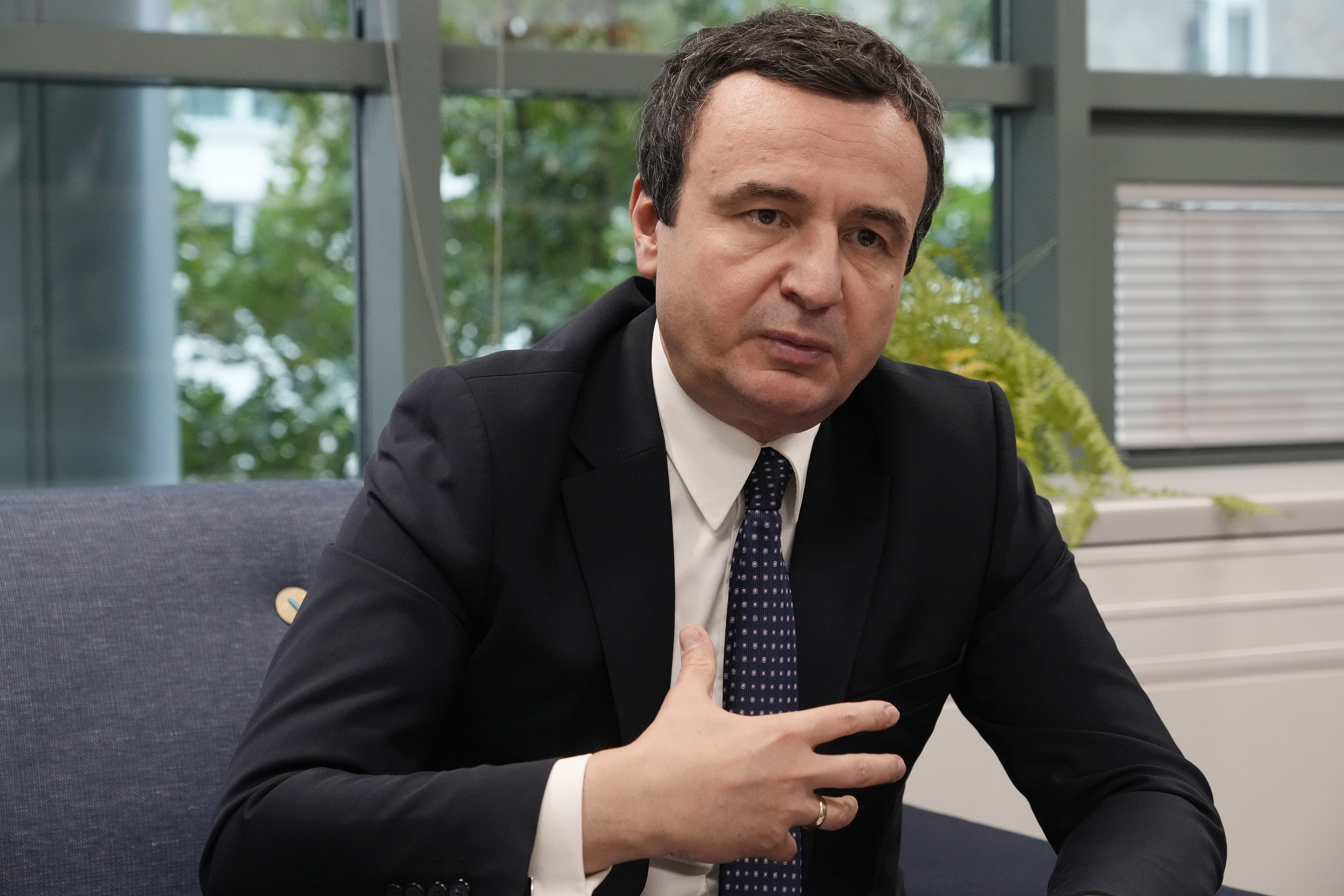 Kosovo Prime Minister Albin Kurti speaks to The Associated Press, Thursday, Oct. 3, 2024, in Warsaw, Poland. (AP Photo/Czarek Sokolowski)