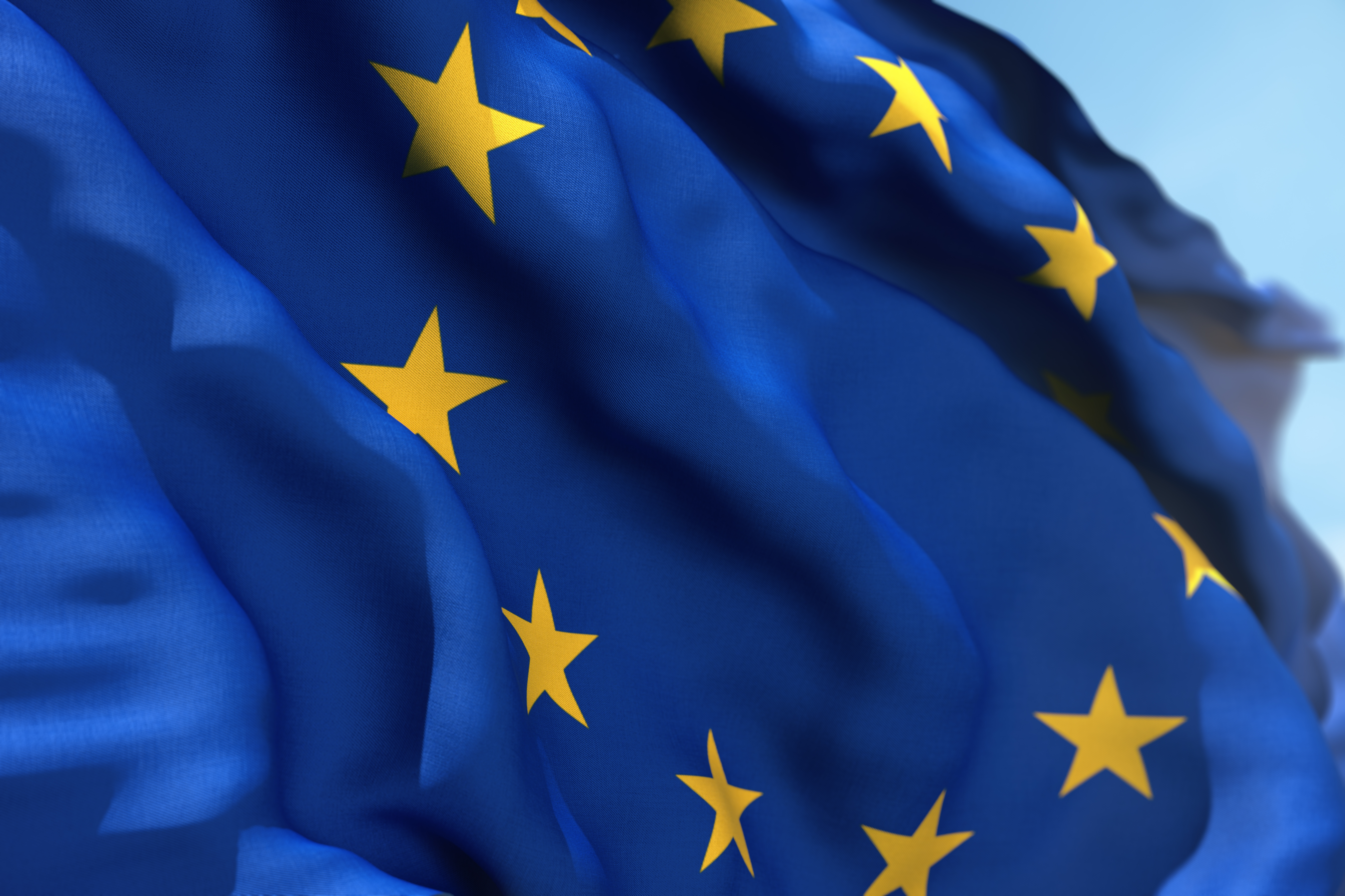 European,Union,Flag,Waving,On,A,High,Quality,Blue,Sky,