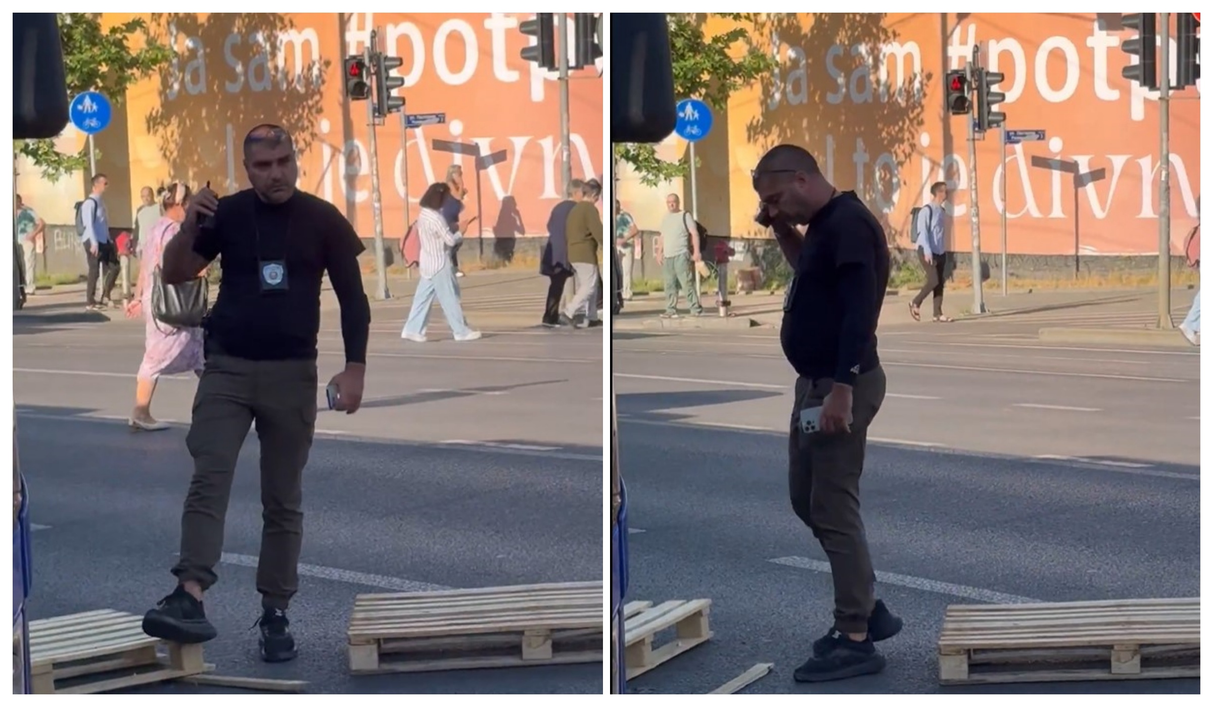video na kome se vidi kako Marko Kričak, komandant Jedinice za zaštitu određenih ličnosti i objekata, nogom sklanja drvene palete, ostale posle jedne od blokada u Beogradu.