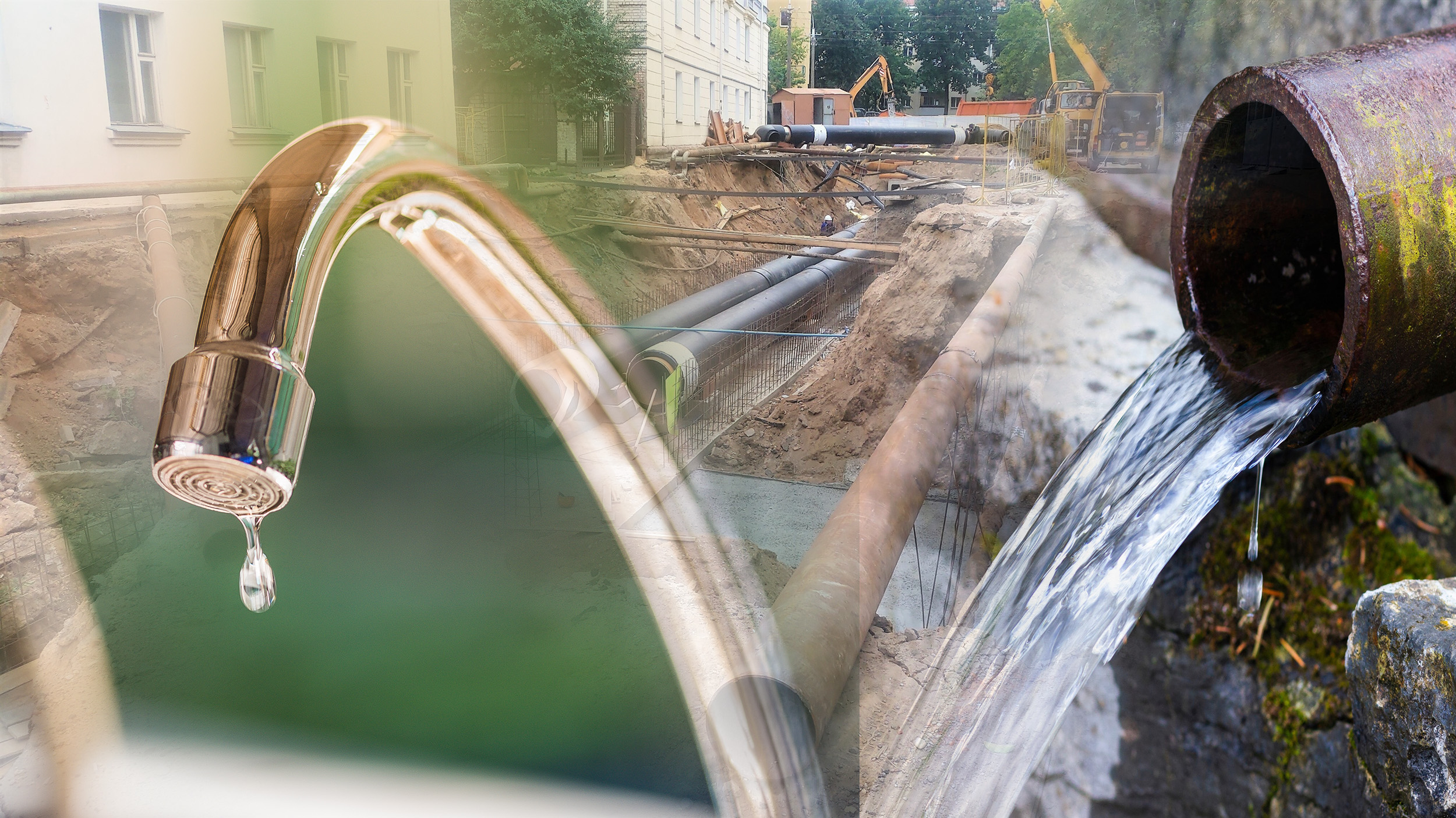 nestasica vode On a city street, a hole was dug to repair and replace sewer and gas pipes. A concrete lining is poured under the pipes. Buildings are standing around and special equipment is working