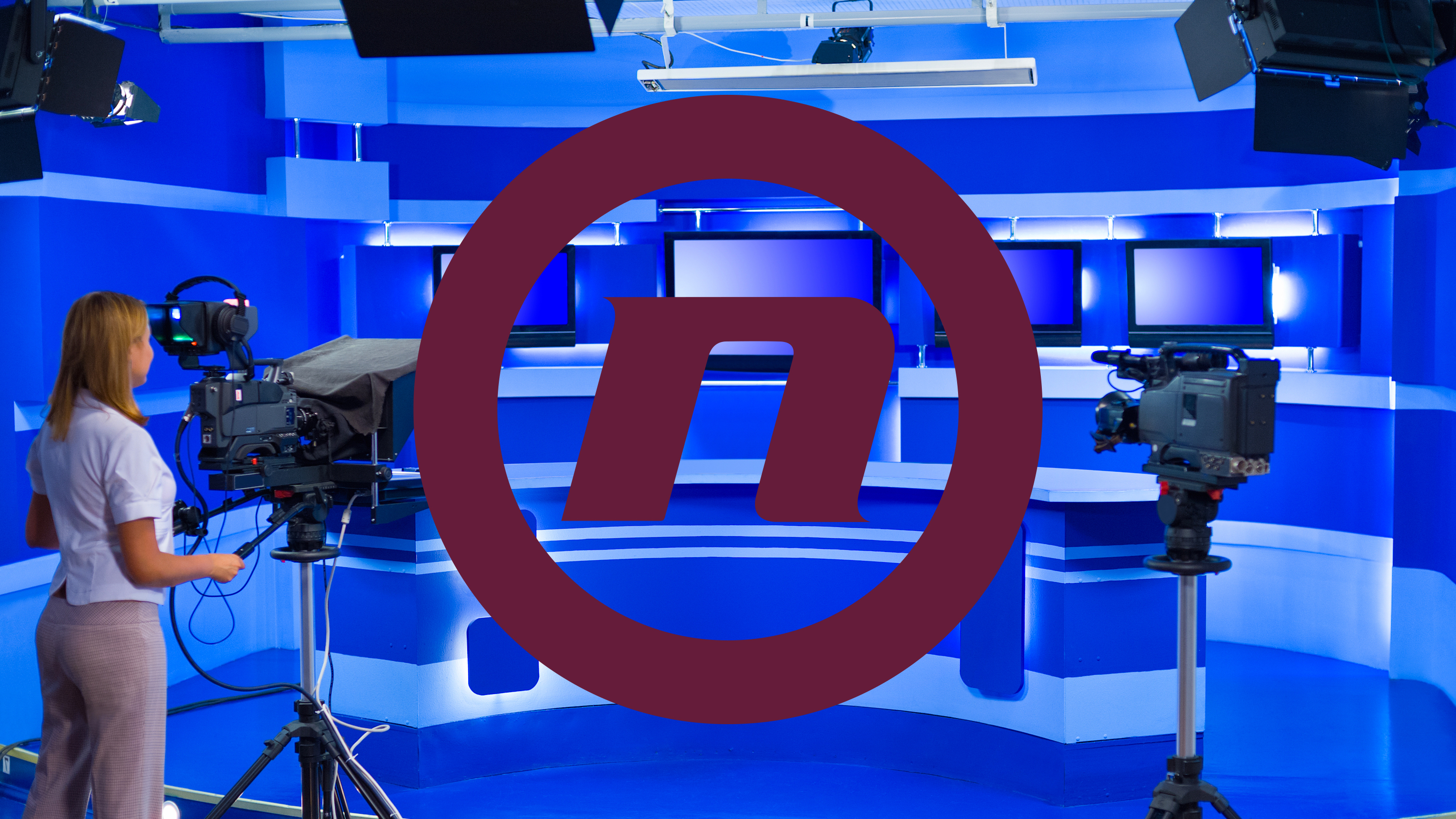 woman cameraman works at empty blue TV studio Nova tv logo kombo