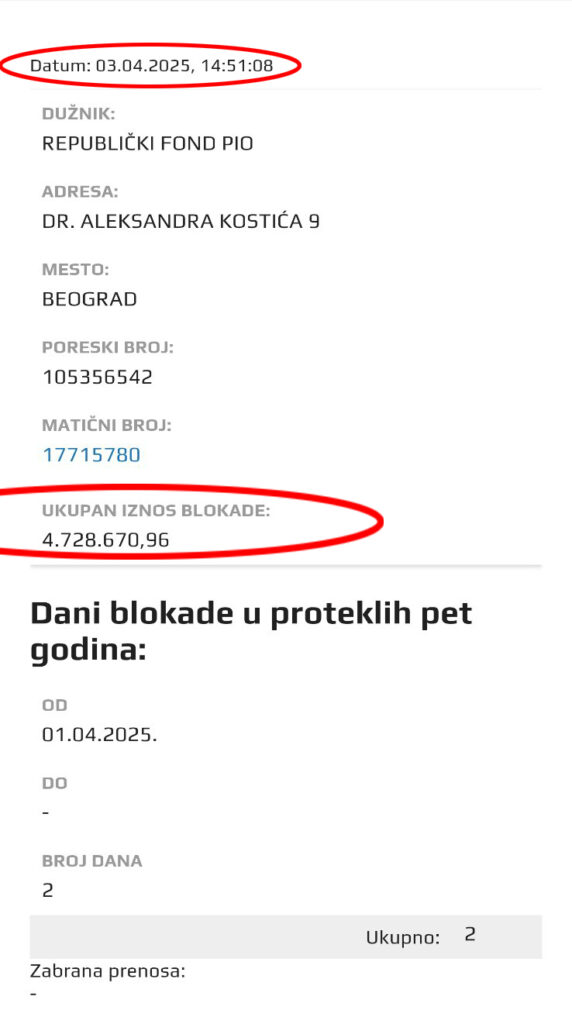PIO fond, raču u blokadi. Saopštenje za javnost Ekološki ustanak Foto: Printscreen