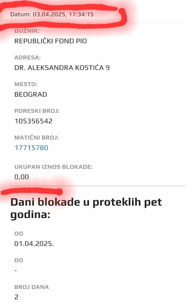 PIO fond, raču u blokadi. Saopštenje za javnost Ekološki ustanak Foto: Printscreen