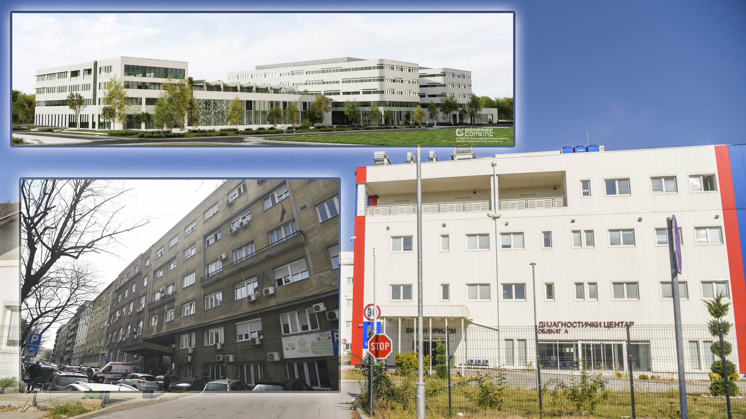 kombo te fotke sa slikom bolnice u Batajnici, a GAK Narodni front u kružić