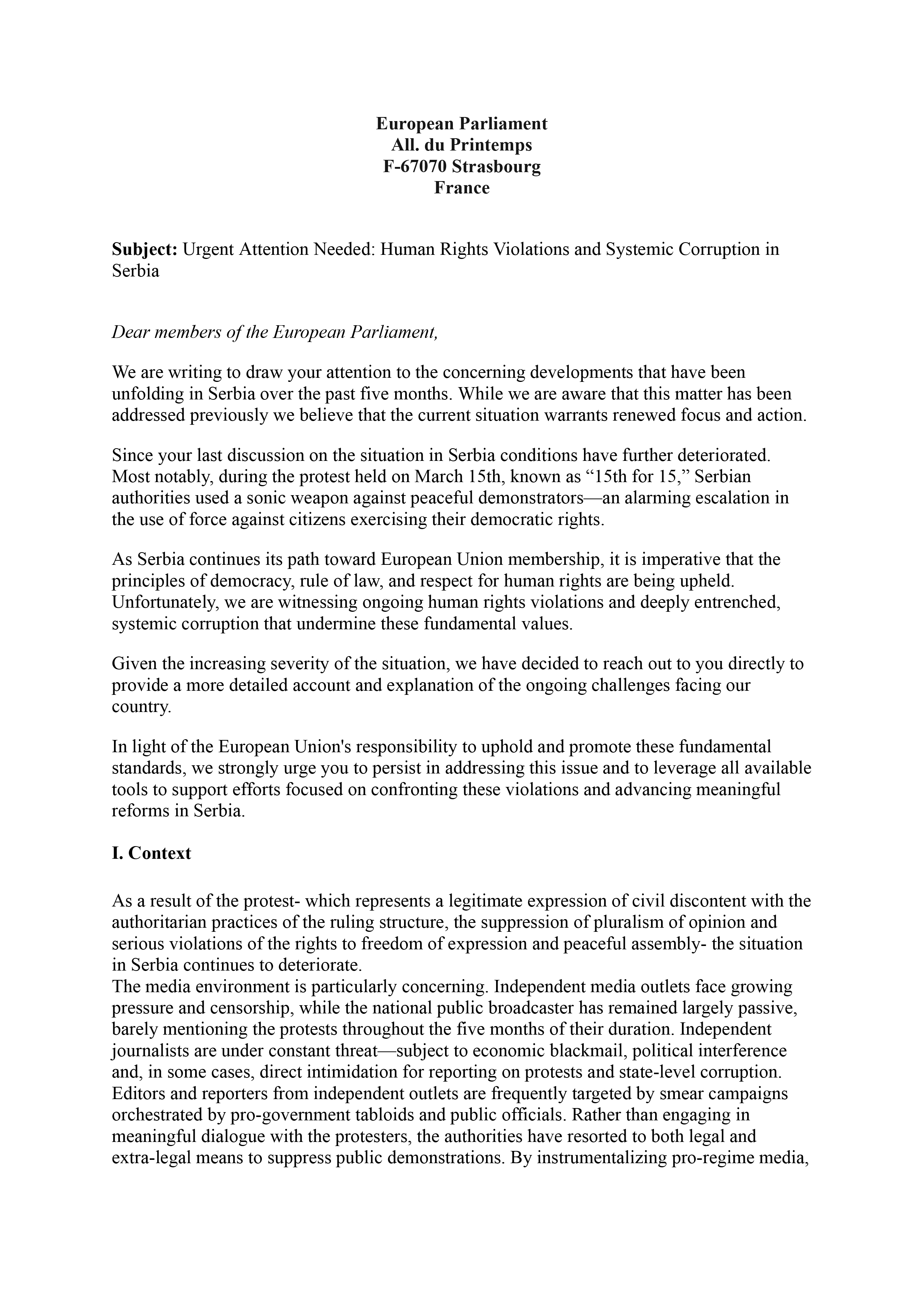 A letter to the European Parliament 1