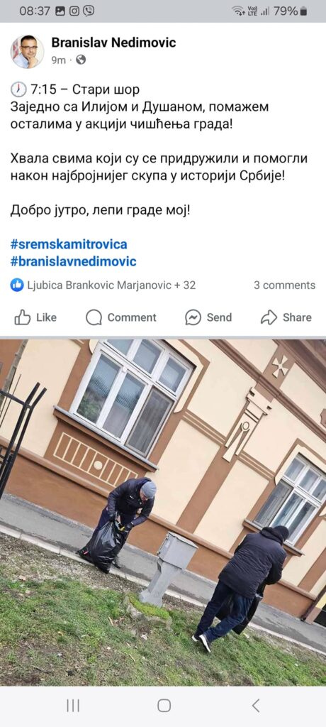 Sremska Mitrovica, Branisalv Nedimović čišćenje grada, smeće posle SNS mitinga, skupa, Nedimović čisti već očišćen grad Foto: Narsica Božić