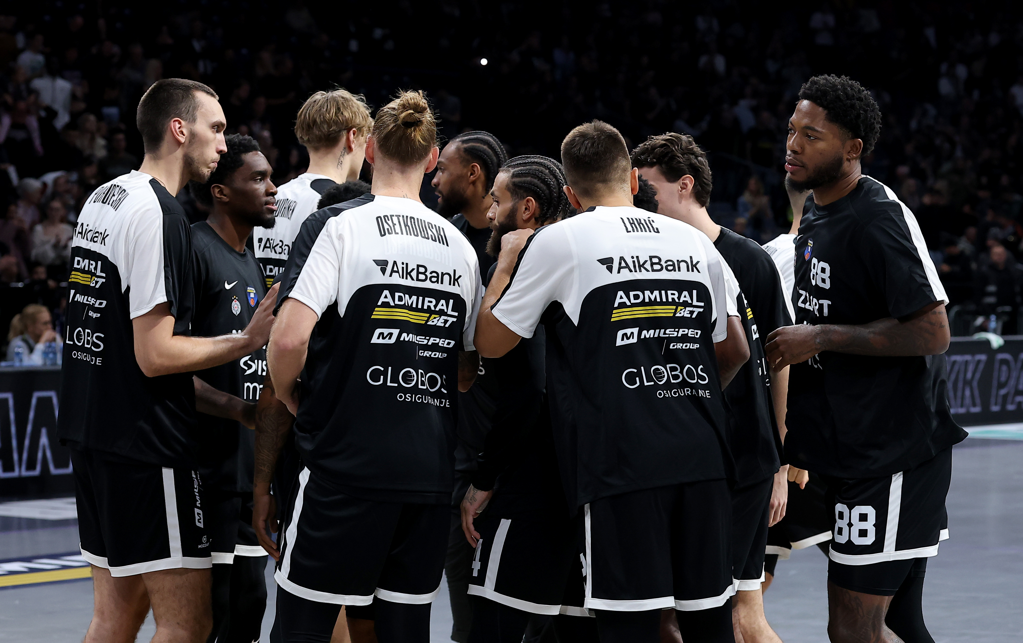 Belgrade, Serbia. 6th Oct, 2025. Partizan's players during the ABA league basketball match between Partizan and Krka on October 6. 2025. in Belgrade, Serbia.
(photo by Pedja Milosavljevic/STARSPORT ©)