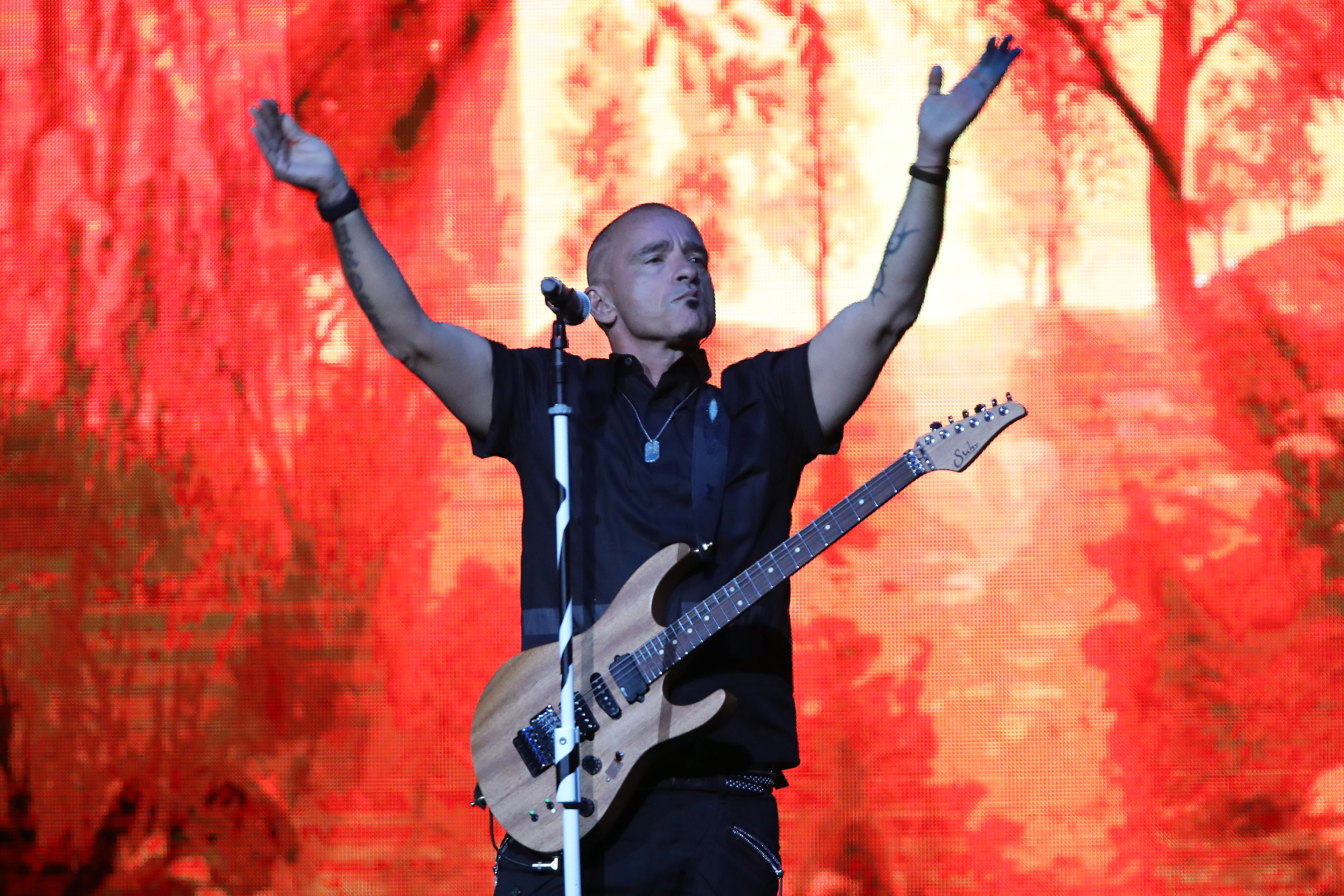 epa08189625 Italian singer Eros Ramazzotti performs at the Movistar Arena in Bogota, Colombia, 02 February 2020. This was the singer's first live performance in Colombia since 1994.  EPA-EFE/CARLOS ORTEGA