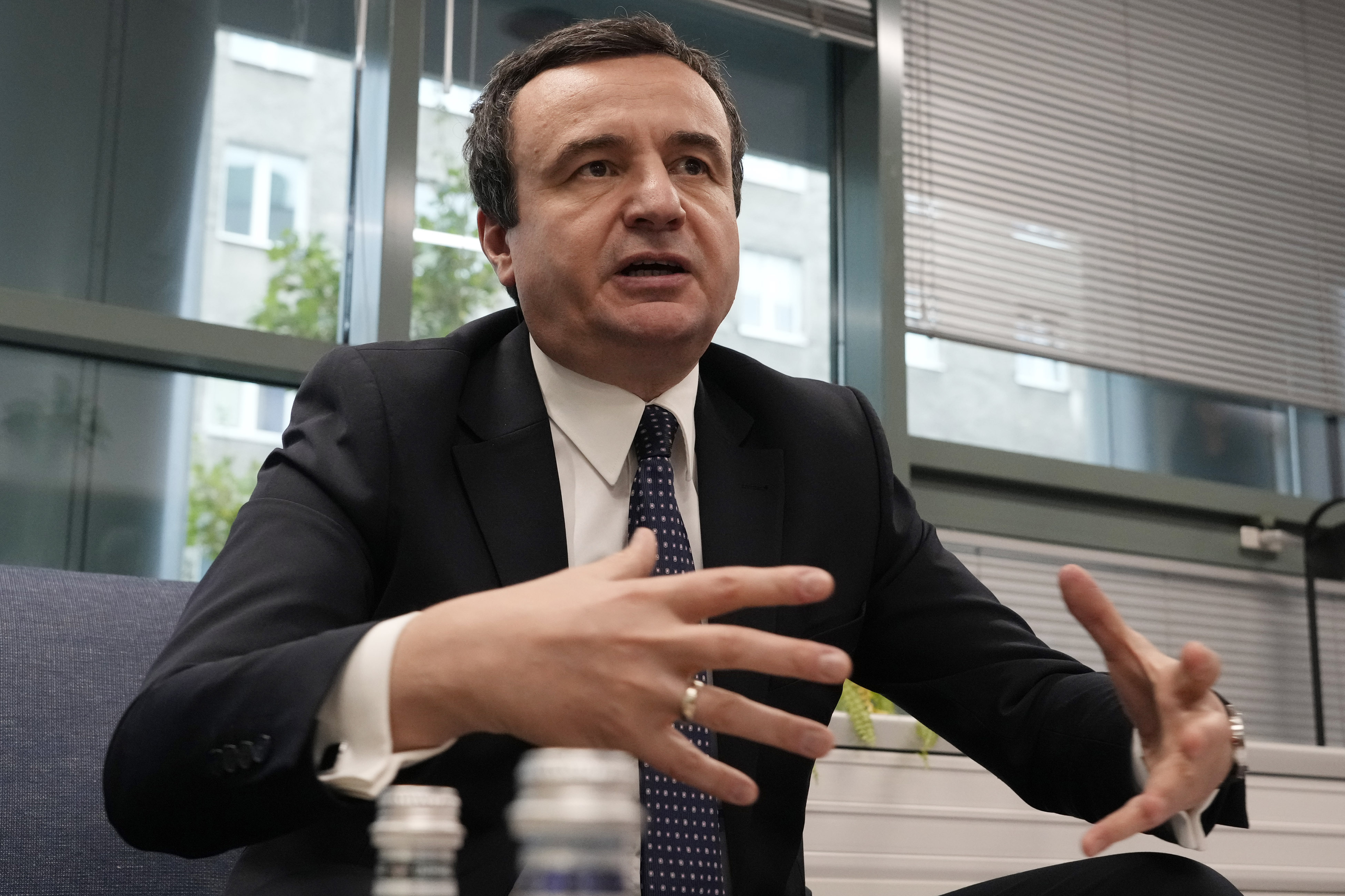 Kosovo Prime Minister Albin Kurti speaks to The Associated Press, Thursday, Oct. 3, 2024, in Warsaw, Poland. (AP Photo/Czarek Sokolowski)