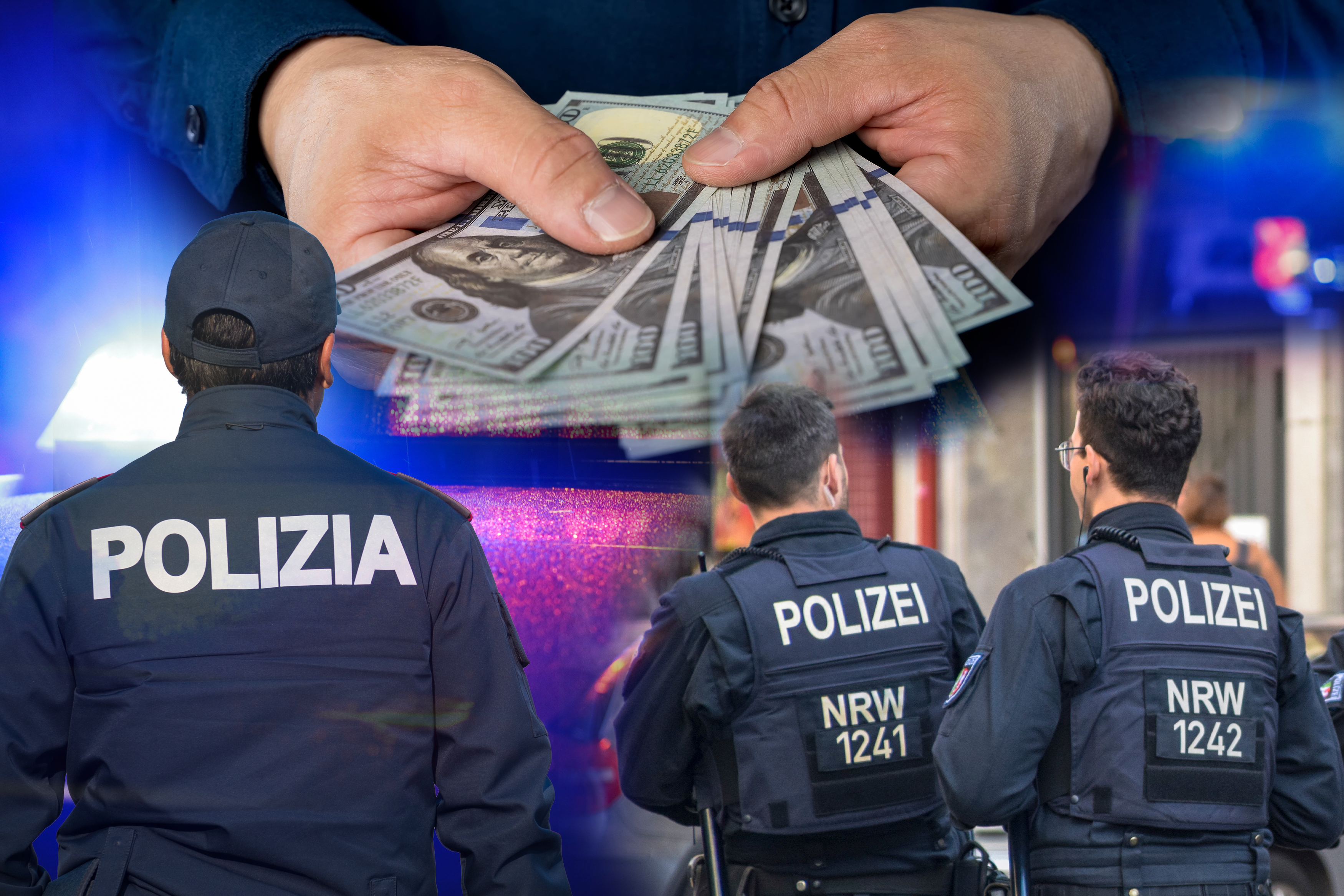 Blue lights of a german police car and a sign which shows "Unfall" while securing an accident italijanska policija
nemačka policija
neke pare (evri)