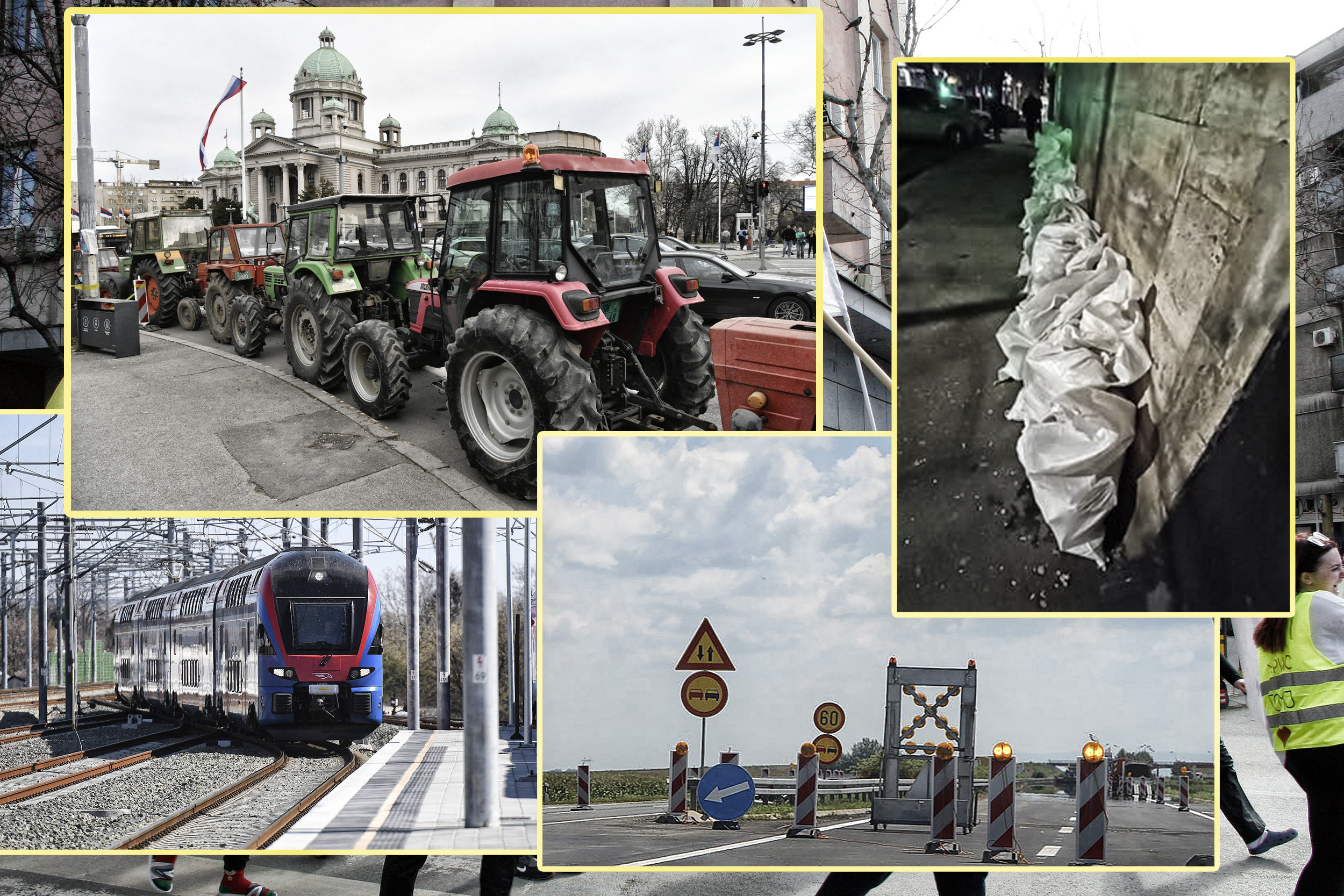 opstrukcije vlasti  džakovi sa kamenjen,autoput od stare pazove ka bgu, traktori ispred skupštine, voz