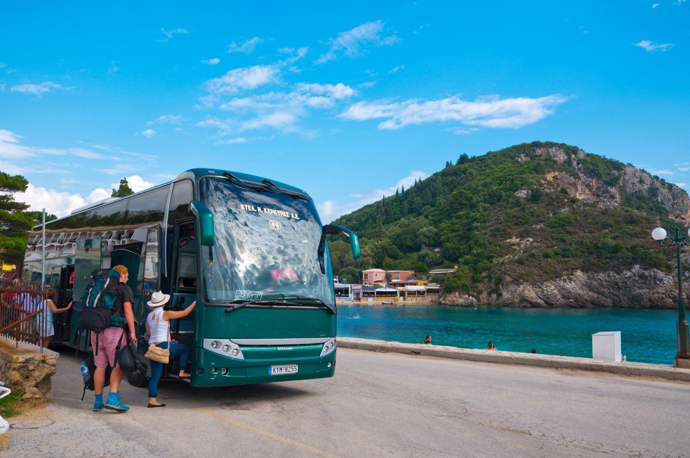 Bus between main town and Paleokastritsa, at Paleokastritsa main beach, western Corfu, Ionian islands, Greece