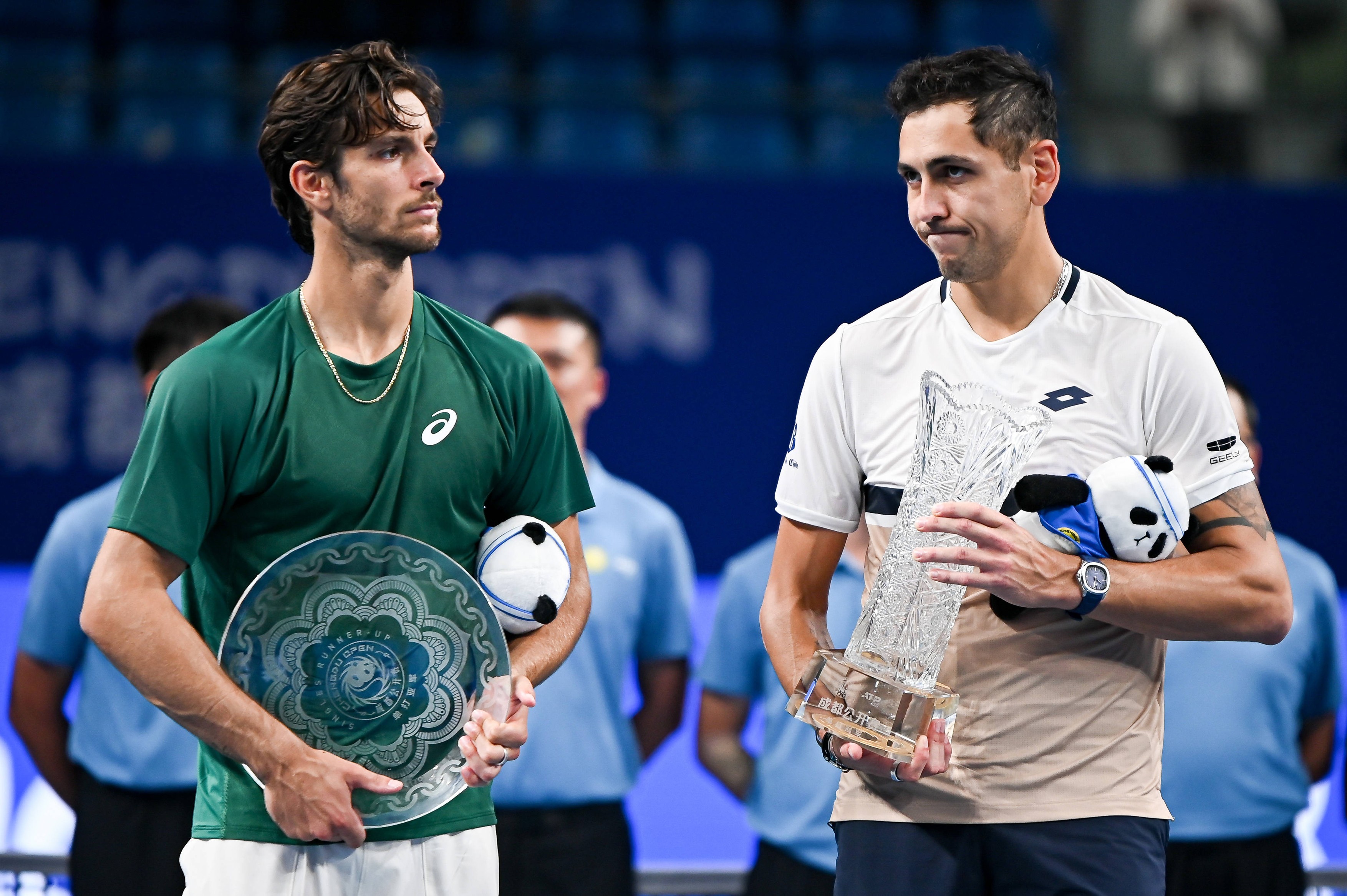 CHENGDU, CHINA - SEPTEMBER 23: Champion Alejandro Tabilo (R) of Chile and runner-up Lorenzo Musetti of Italy pose for a