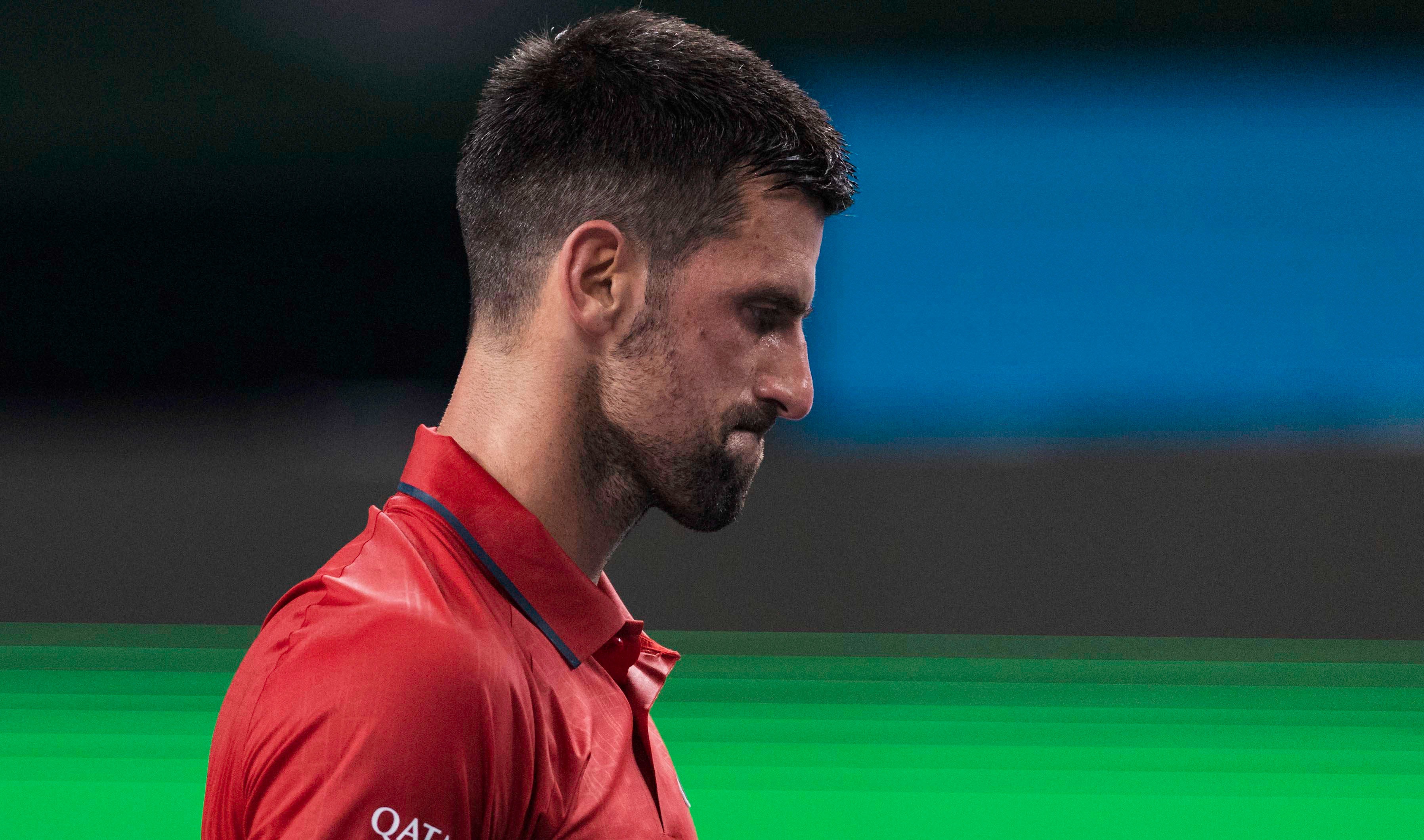 epa12427507 Novak Djokovic of Serbia reacts during his Men's Singles match against Marin Cilic of Croatia at the Shanghai Masters tennis tournament in Shanghai, China, 03 October 2025.  EPA/ALEX PLAVEVSKI
