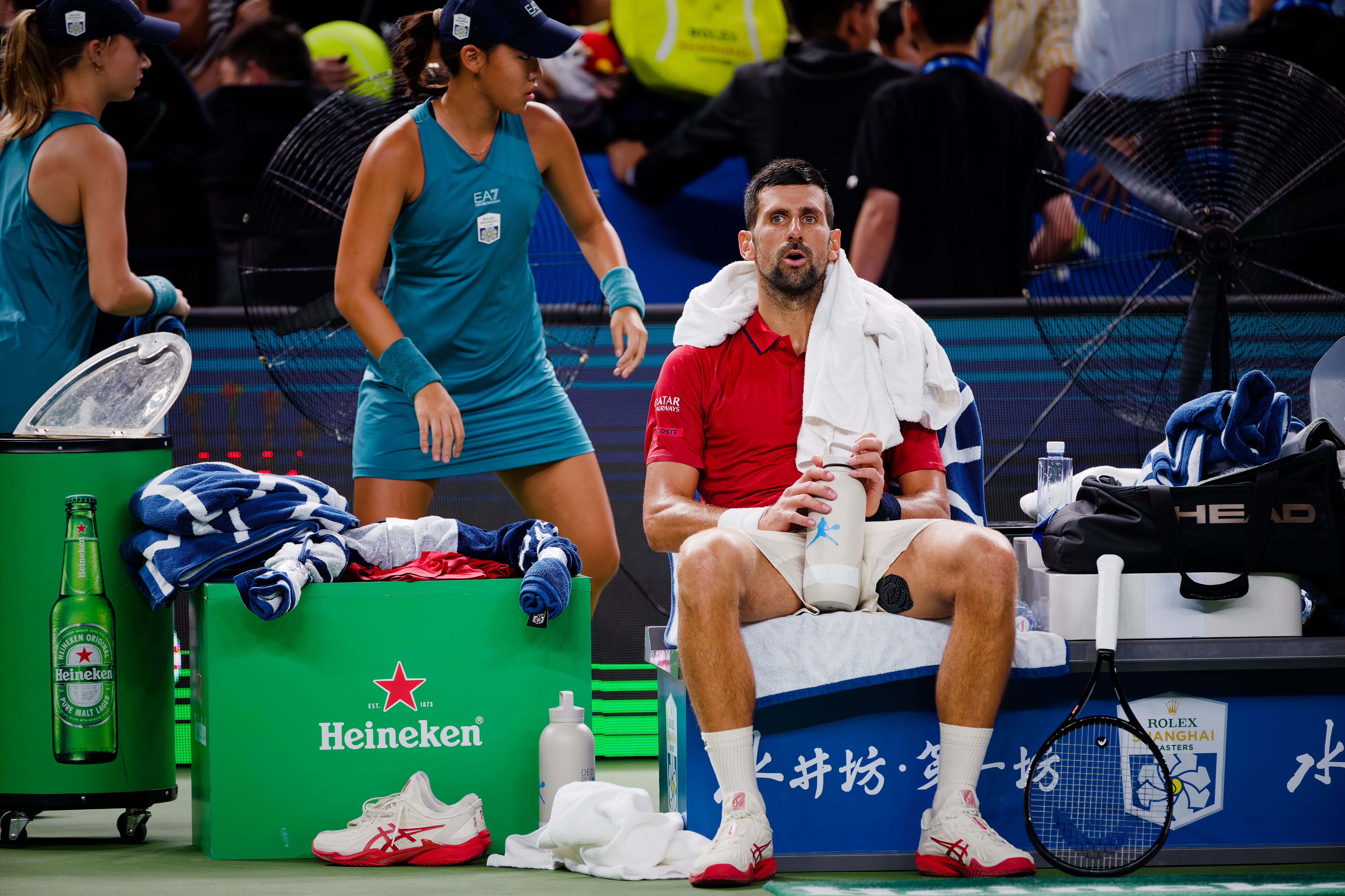epa12441785 Novak Djokovic of Serbia celebrates after winning his Men's Singles quarterfinals match against Zizou Bergs of Belgium at the Shanghai Masters tennis tournament in Shanghai, China, 09 October 2025.  EPA/ALEX PLAVEVSKI