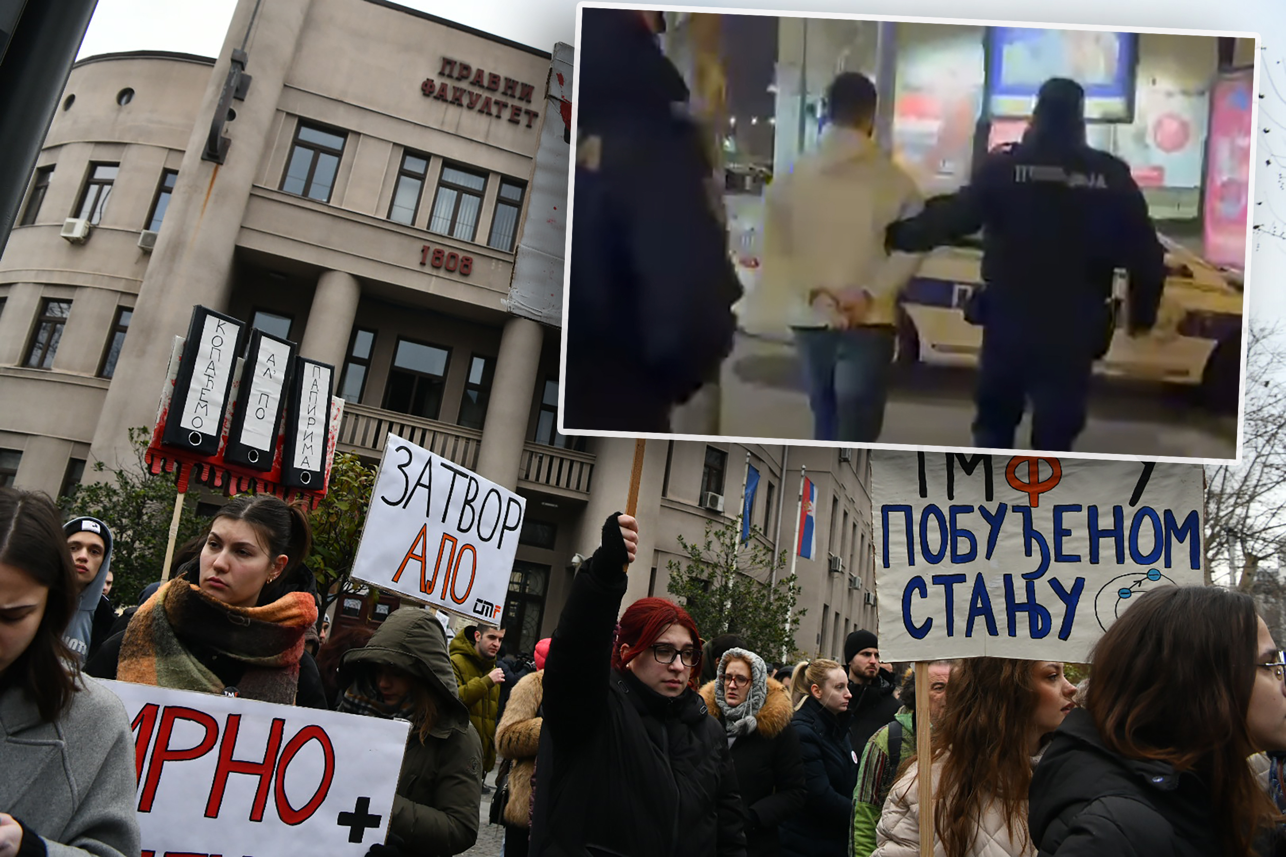 privodjenje napadac na studente na pravnom fakultetu    Beograd 14.01.2025. Studenti, Pravni fakultet, studenti u blokadi, 15 minuta, protest studenata, napad na studente Pravnog fakulteta veče pre Foto: Vesna Lalić/Nova.rs