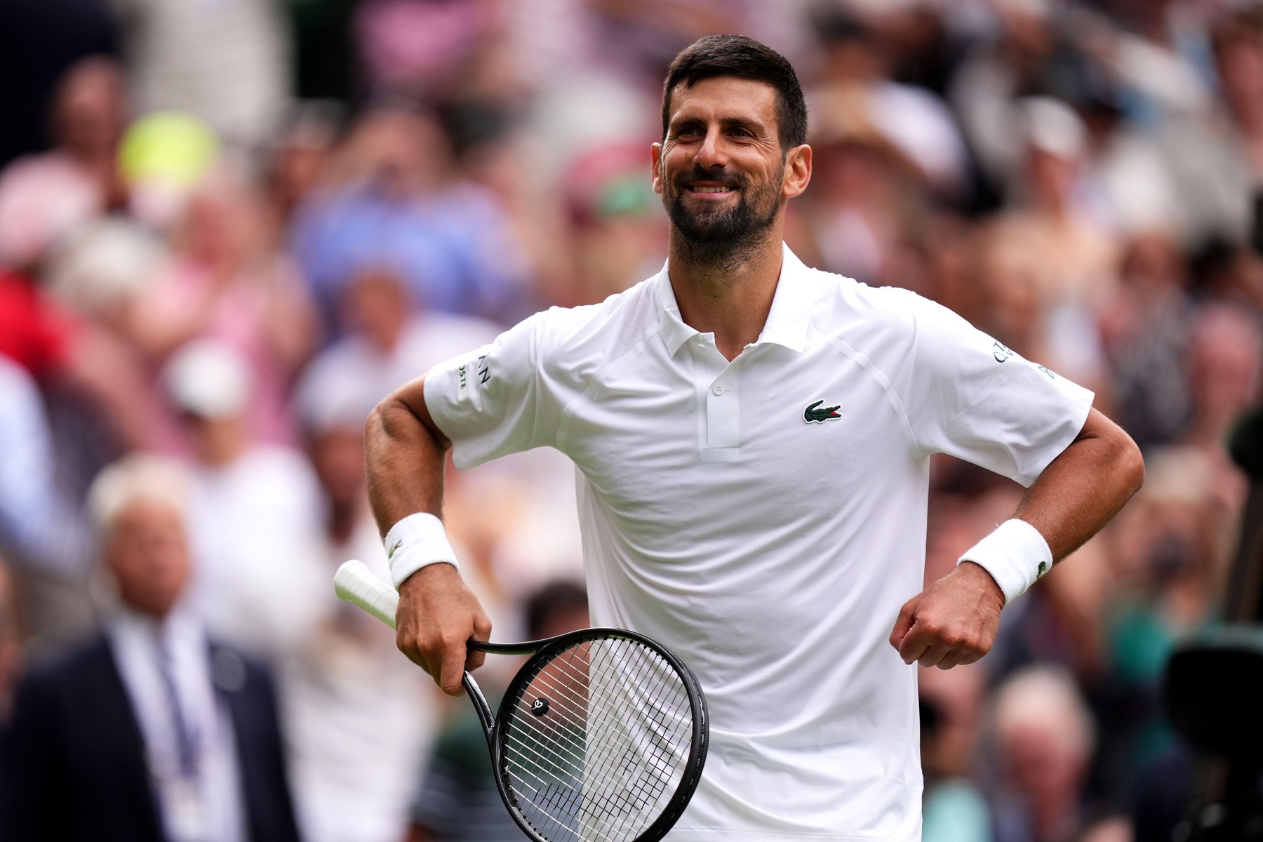 Novak Djokovic celebrates his victory over Alex de Minaur following their Gentlemen's Singles match on day eight of the 2025 Wimbledon Championships at the All England Lawn Tennis and Croquet Club, London. Picture date: Monday July 7, 2025.