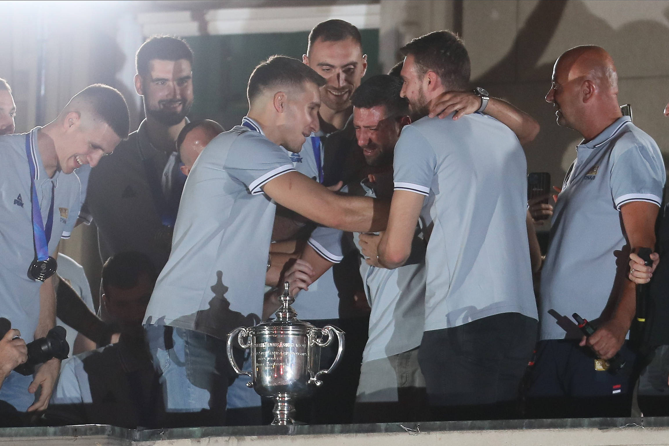 SERBIA BASKETBALL BOGDAN BOGDANOVIC, NIKOLA MILUTINOV, NOVAK DJOKOVIC with US Open trophy, MARKO GUDURIC celebration of