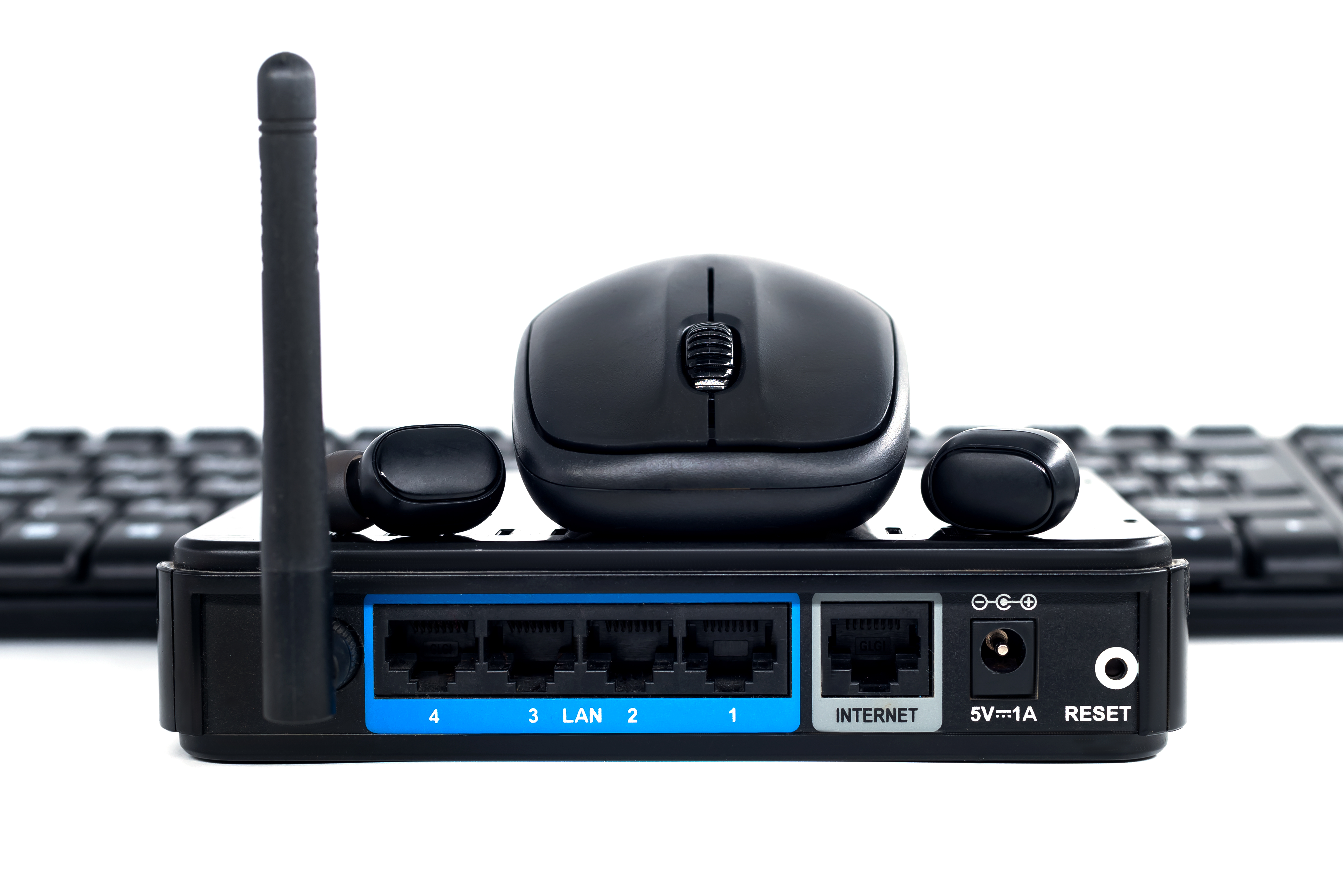 Wireless,Dial,,Router,,Headphones,,Mouse,,Keyboard,On,White,Background.,Wireless